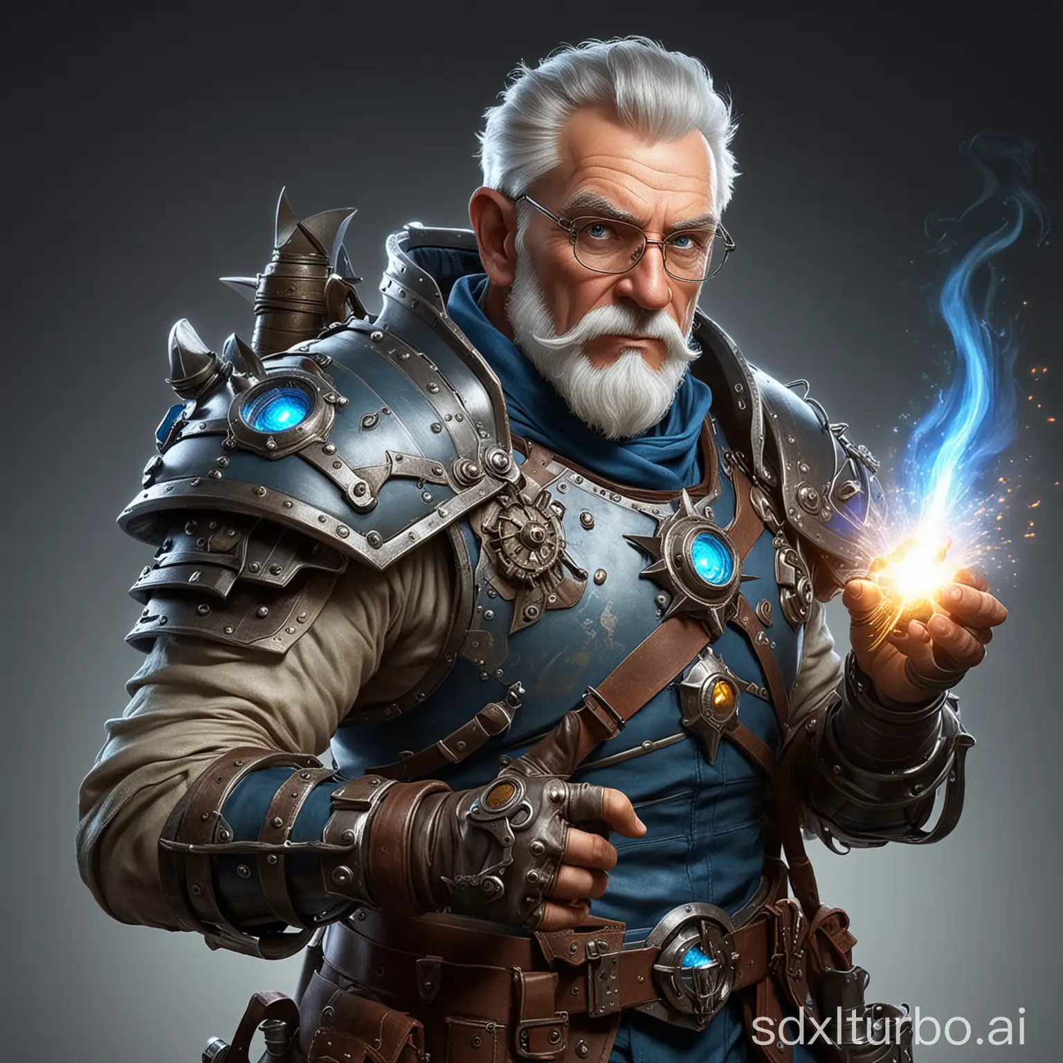 Create a high resolution image about "Dungeons & Dragons" and "Artificer". Show a professor of 30 years in steam-punk-magic-power-armor, holding a spark in the right hand. His eyes sparkle with mischief and a hint of blue-white magic.