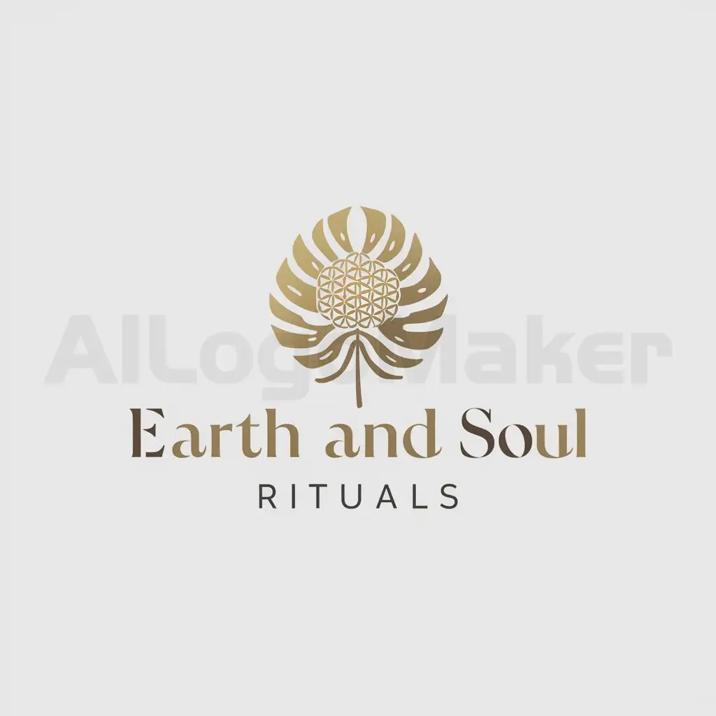 a logo design,with the text "Earth and Soul Rituals", main symbol:gold monstera leaf made of flower of life pattern with a unique font,Minimalistic,be used in Others industry,clear background
