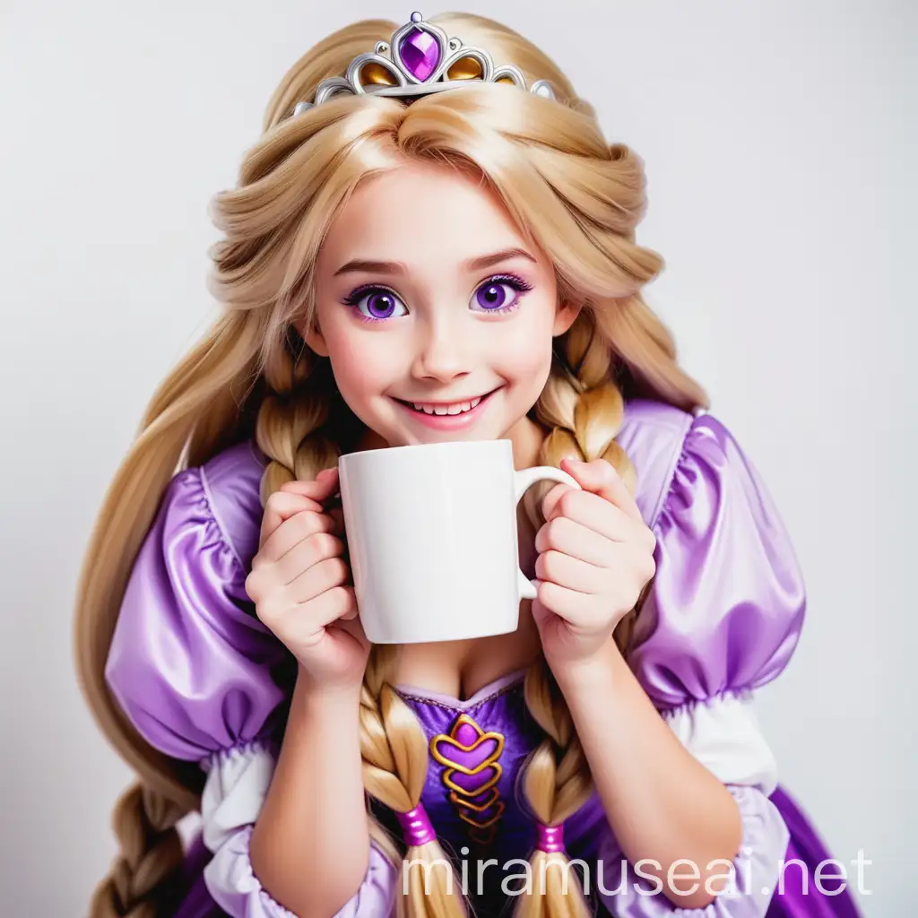 beautiful girl cosplay princess Rapunzel smiling with a square white mug on a white background