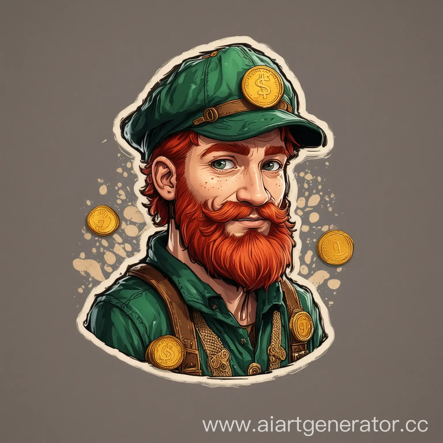 Стикер png с изображением персонажа, полностью сохранить внешний вид персонажа - зелёная одежда и шляпа, рыжие волосы и борода, золотые монеты в руке