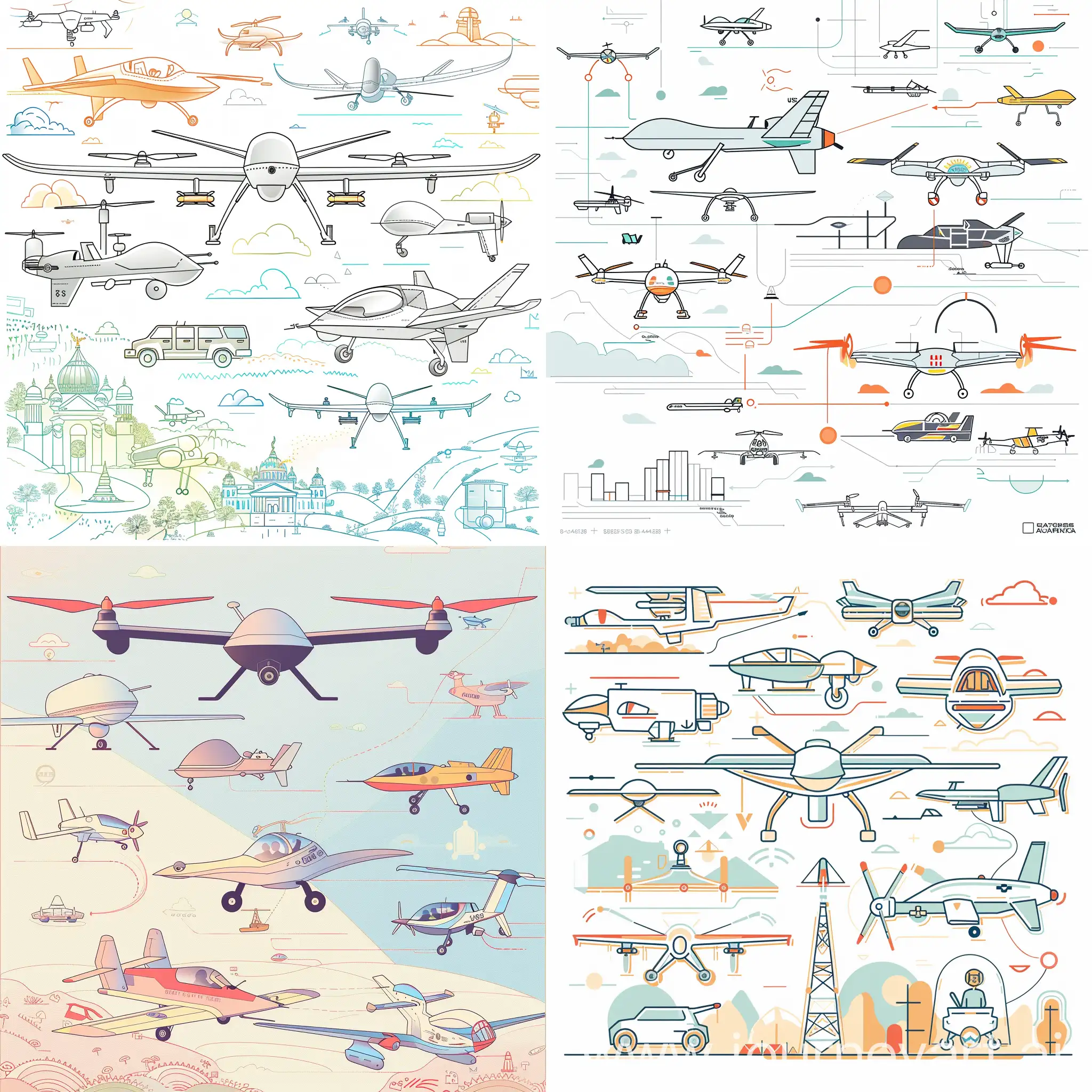 Create an outline illustration for a mural depicting the evolution of UAVs (Unmanned Aerial Vehicles) from the earliest models to the most contemporary ones. The scene should be suitable for a children's educational institution and should have a playful and engaging style, with clear and simple lines, use colors #b68cd6, #d06caf, #7d1e8e, #f7f3f6, #b659a0, #af95bb, #87599f, #5b3e7d, #acb4bc,#5b435c , and friendly shapes. Ensure the design seamlessly fits into a series of similar murals.