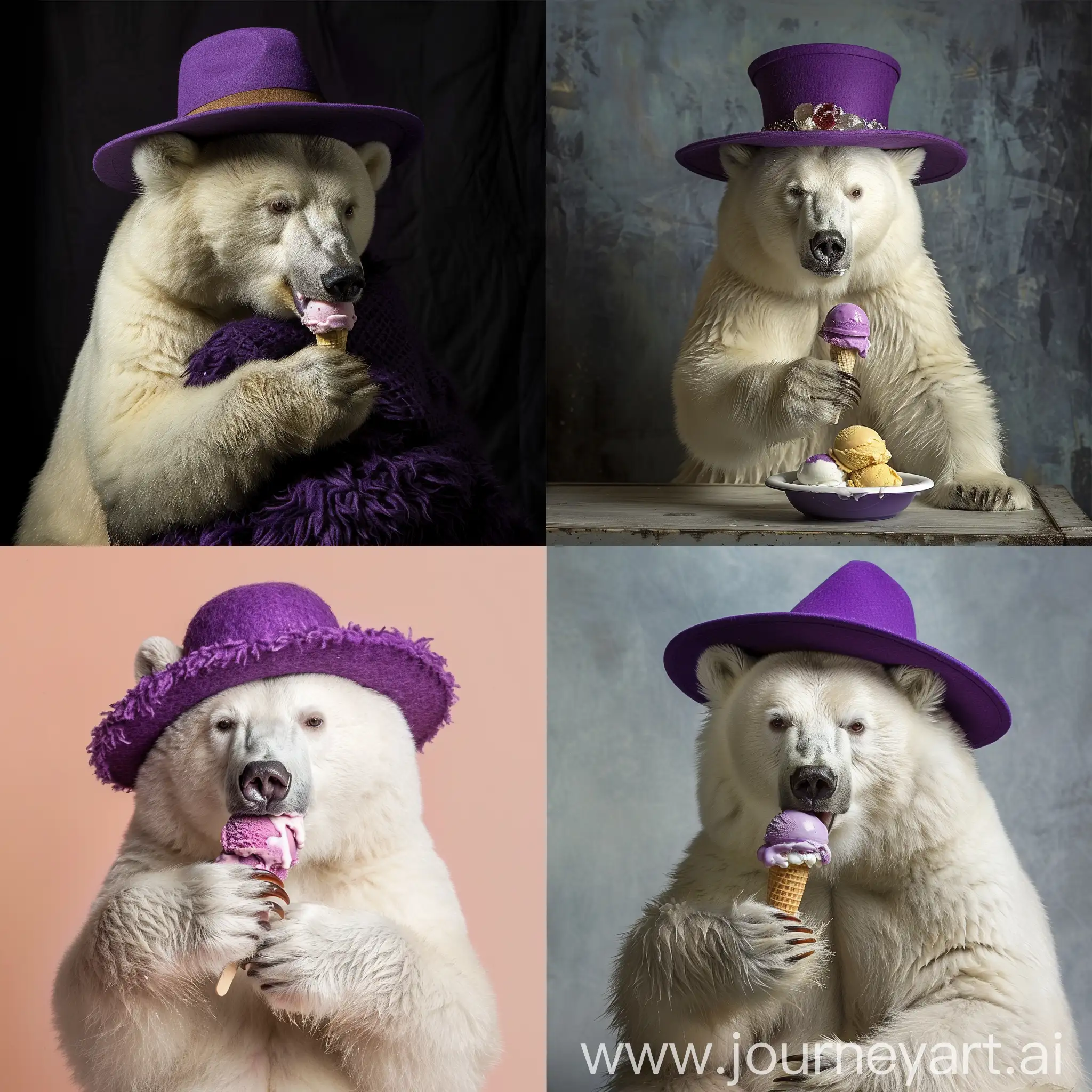 White bear eating ice cream in purple hat