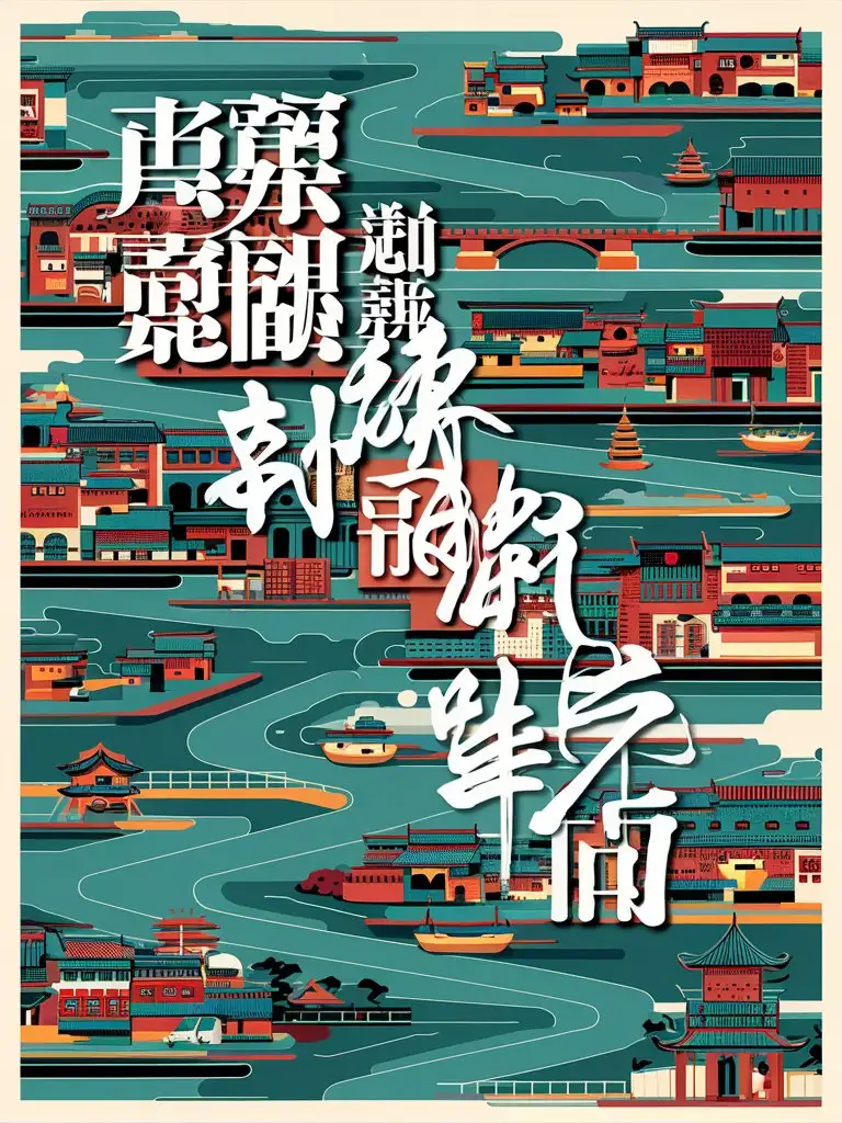 planeization, Chinese elements, traditional, modern style, poster, light color, grid, visual, flat, color, complex, Jiangnan water town, text arrangement, partial blank