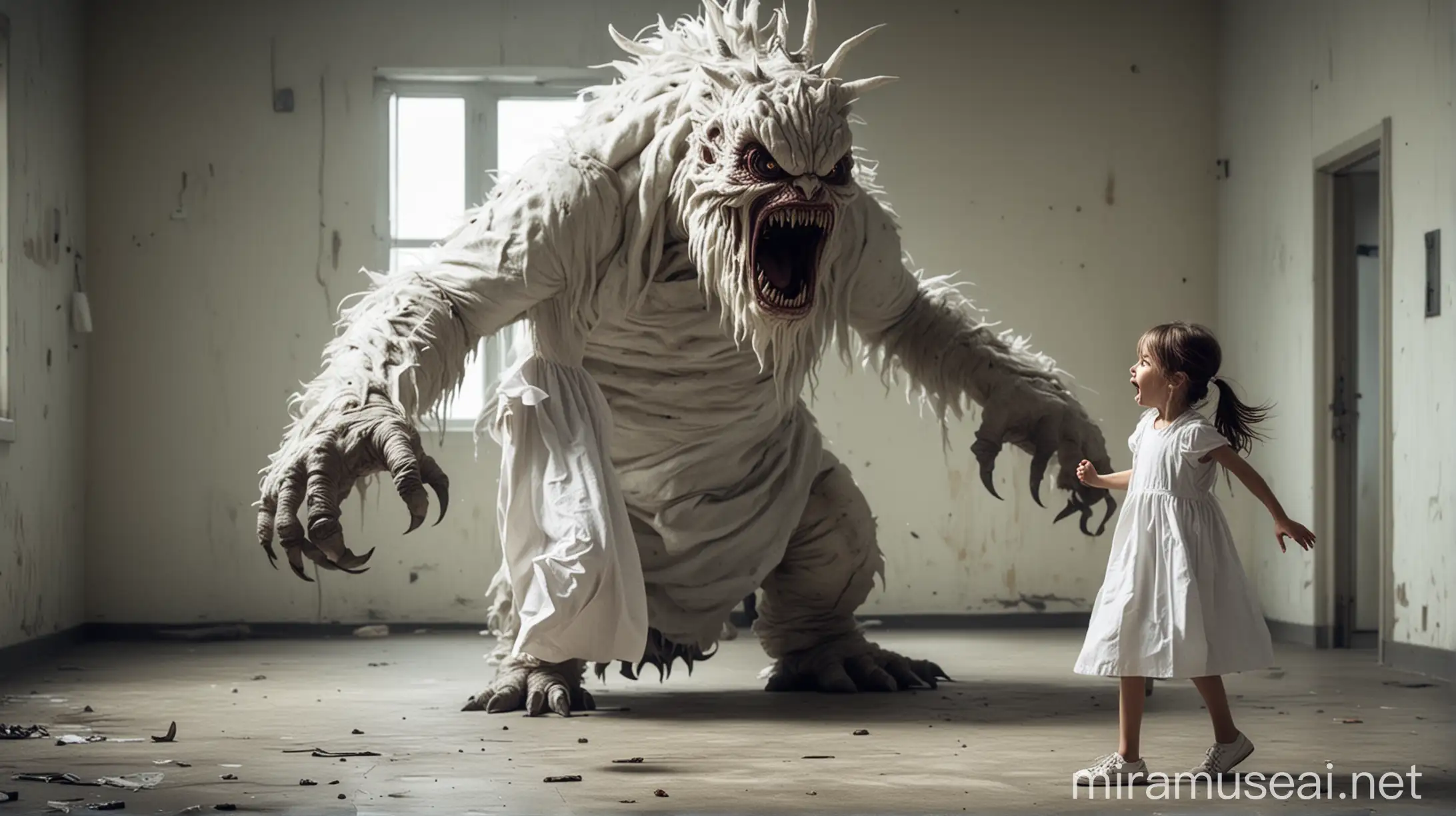a little girl wear white dress fighting big monster in the mental hospital