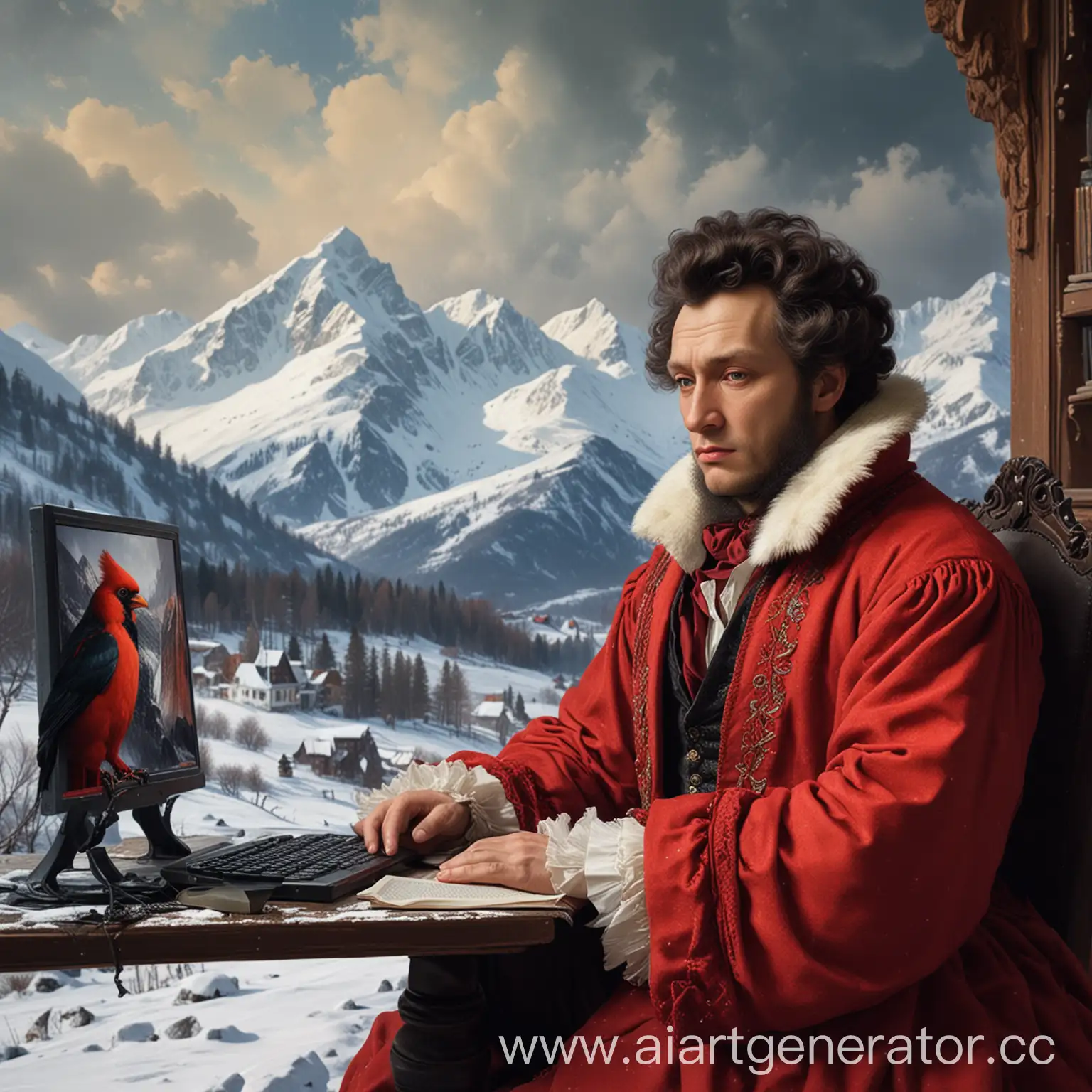 Пушкин сидит за компьютером важно . Женщина Алая ведьма за его спиной скучает . На фоне заснеженных гор .