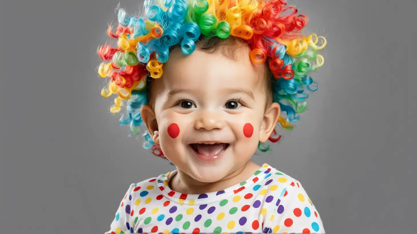 one full half body photo of happy baby boy with a colourful curly clown wig