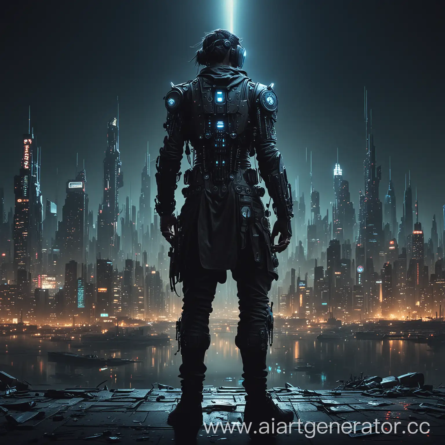 Futuristic-Cyberpunk-Figure-Stands-in-Urban-Night-Cityscape