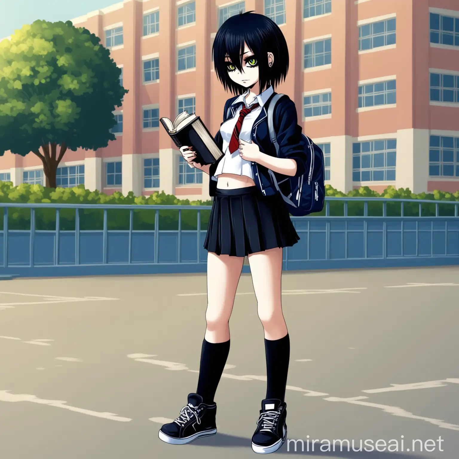 Fullbody, girl, highschooler,emo, holding book, tight clothes, petite,small waist, tight thighs,small chest, school background