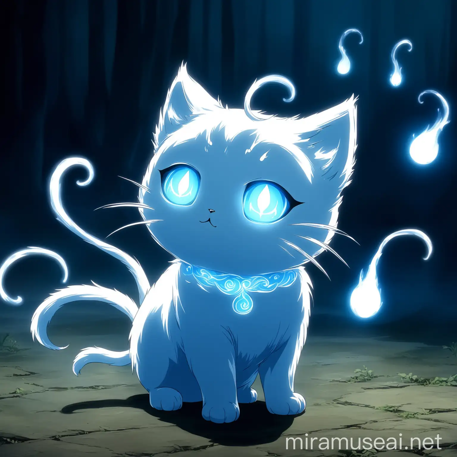 a little fantasy cat made from a white and blue will-o'-the-wisp glowing as if it were a spirit. in anime