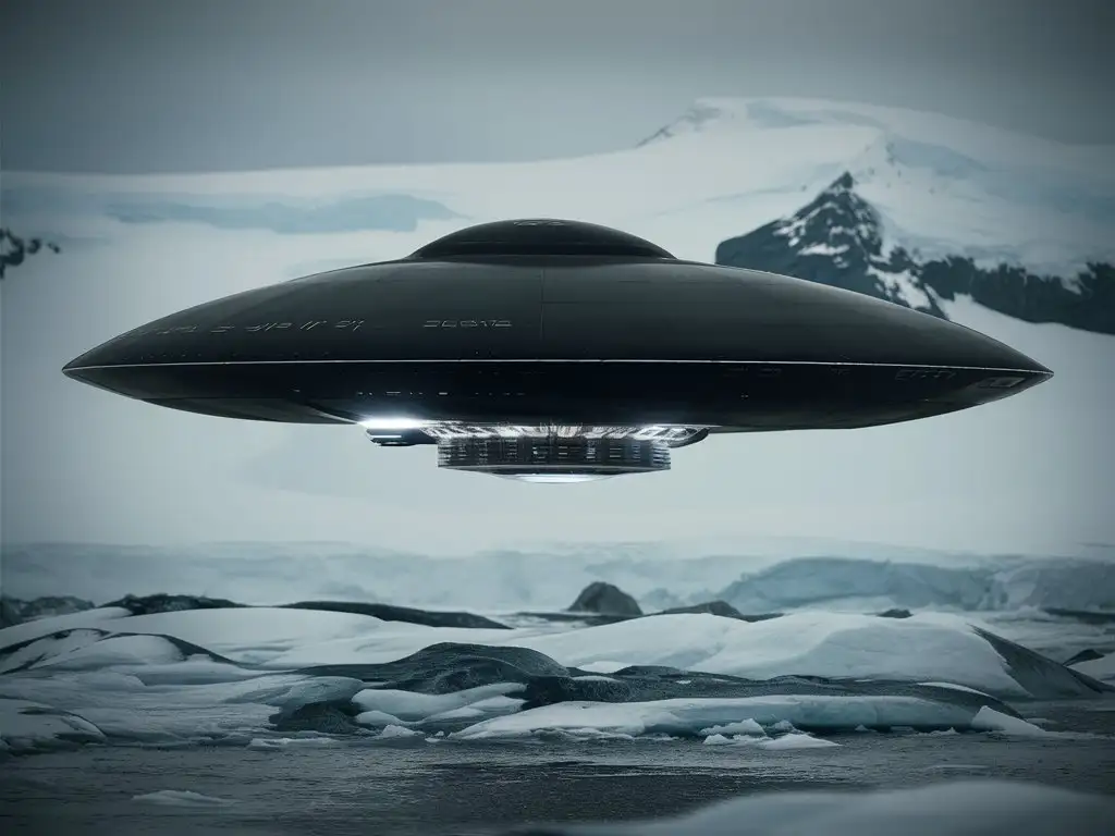 a detailed picture of floating UFO over antartica, it's stealthy black and round shaped, and it still utilize some kind of jet engine mechanism.