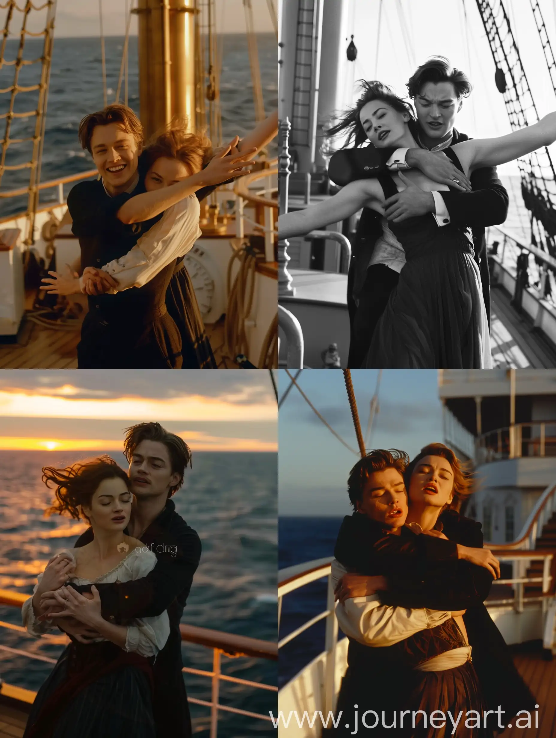 pemeran film titanic menciptakan kembali adegan Titanic ikonik di bagian depan dek kapal saat matahari terbenam, laki laki pemeran film titanic memeluk wanita itu di pinggang yang berdiri di belakangnya, sementara wanita itu melebarkan lengannya