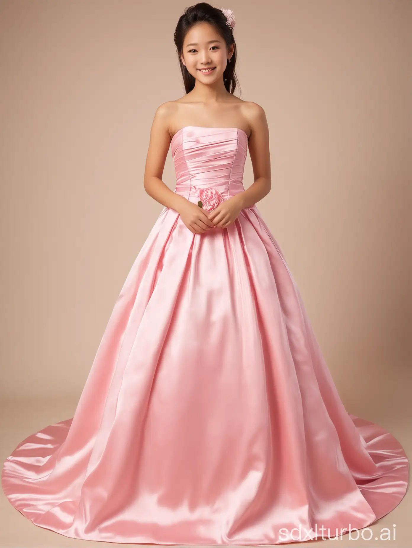 12yo,1girl,Japanese,pink strapless wedding dress,full body