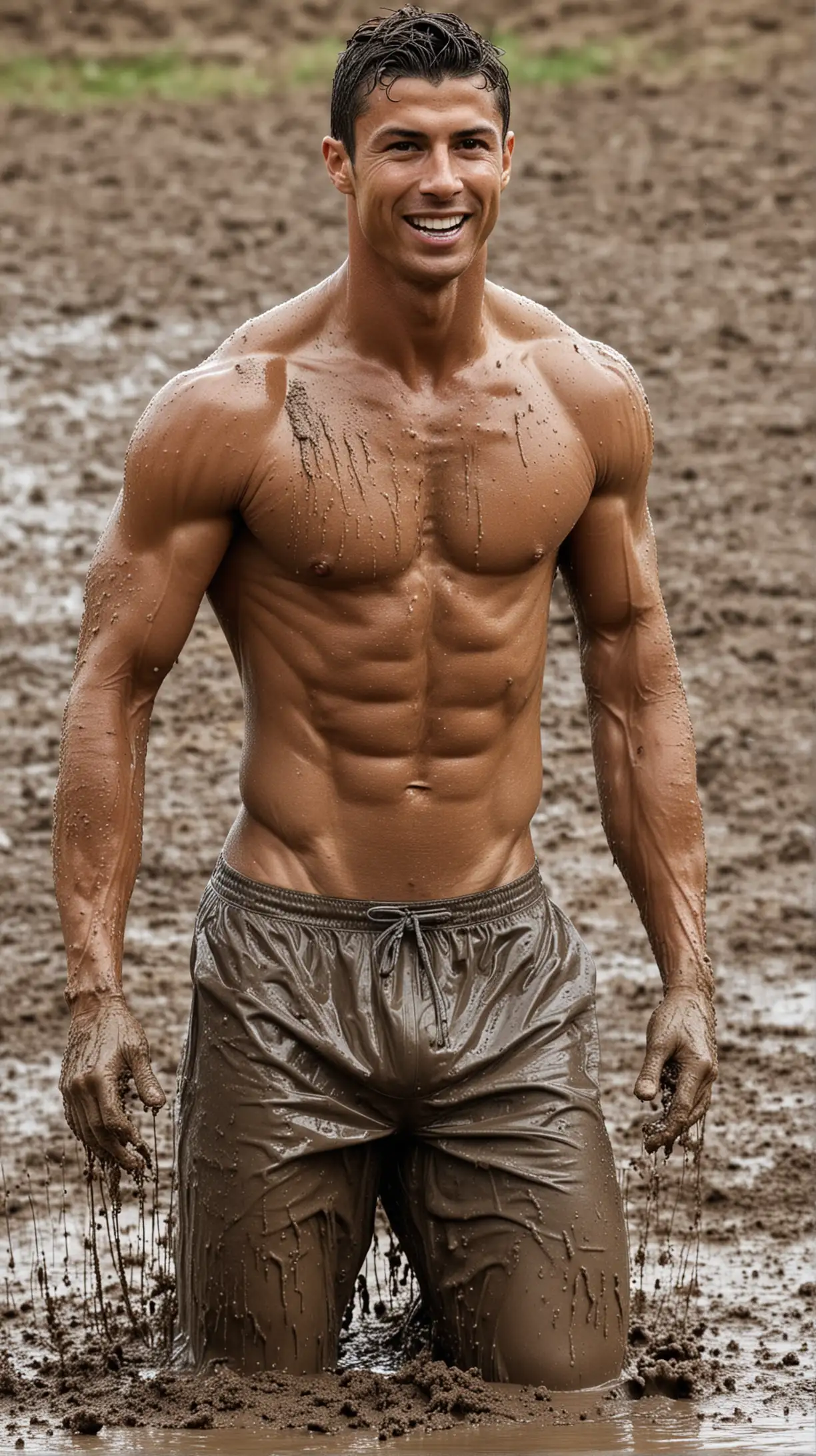 Cristiano Ronaldo big muscles taking a mud bath