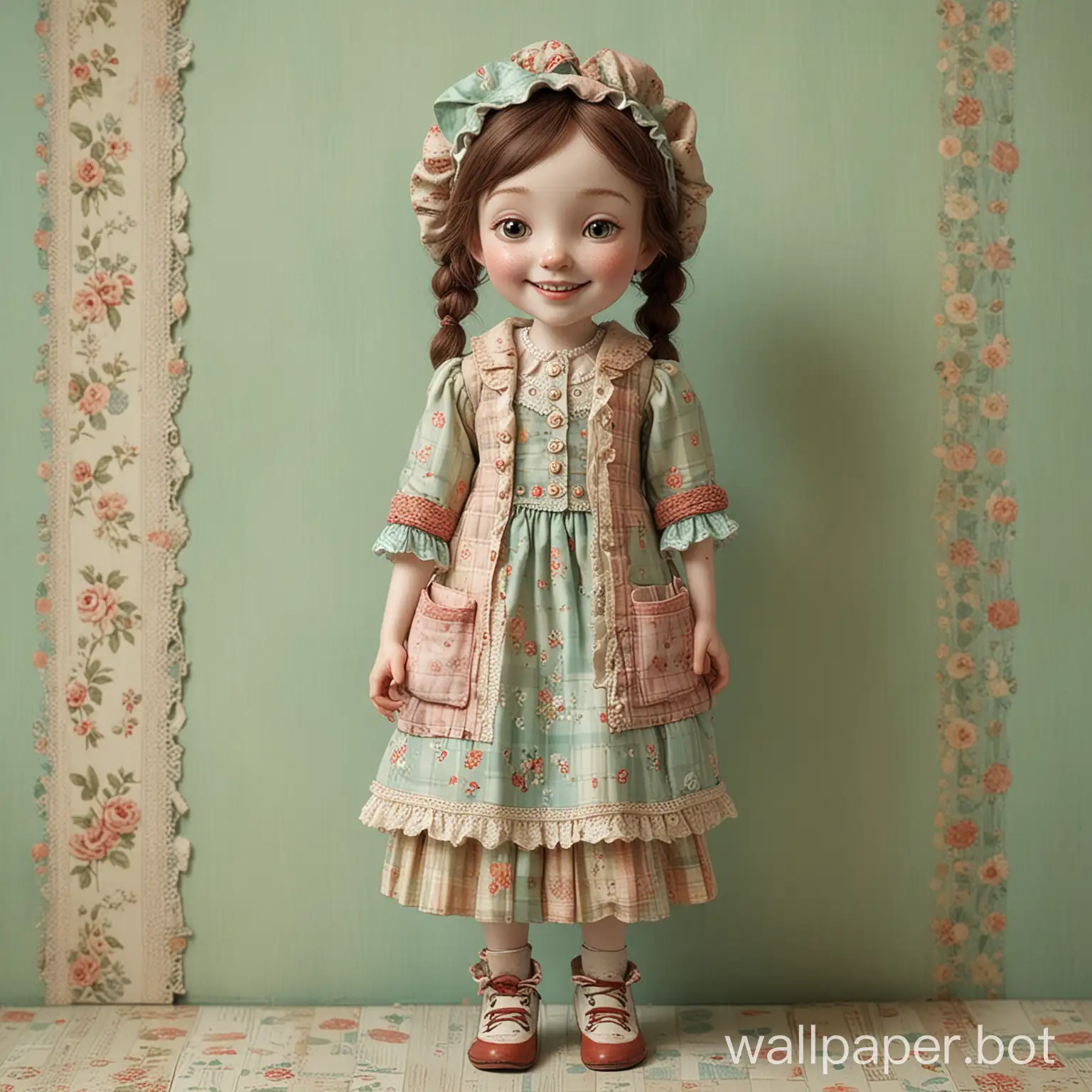 charming little lady in full-length patchwork clothes. dynamic, smiling, with freckles. Cozy, soft tones on a mint light distressed background, art by Suzanne Woolcott, Mark Ryden. 3D, porcelain, gloss