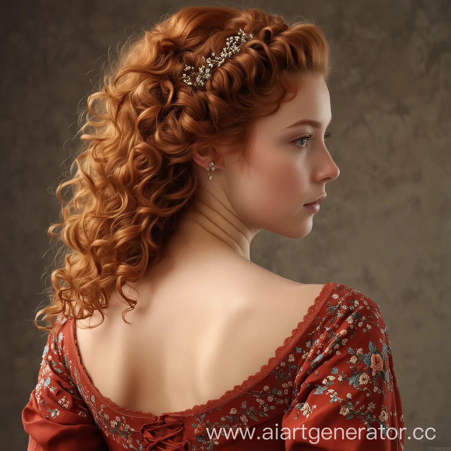 Medieval-Lady-in-Red-Floral-Dress-with-Auburn-Curls-Innocence-and-Elegance-Captured