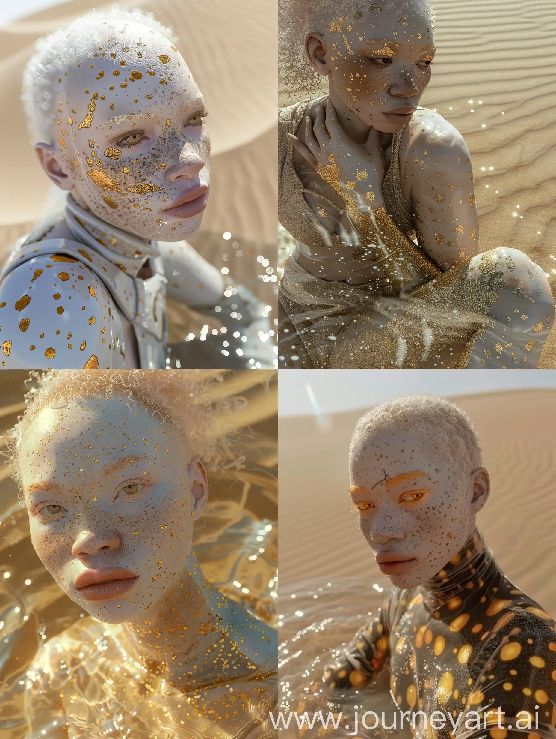 half body photo of curvy albino girl, freckles, with golden spots on the body, inside cold water, desert background, wearning DUNE style clothes, Mad Max style, intricate abstract, global illumination, hyper realistic, detailed eyes, detailed face, glossy skin, glossy lips