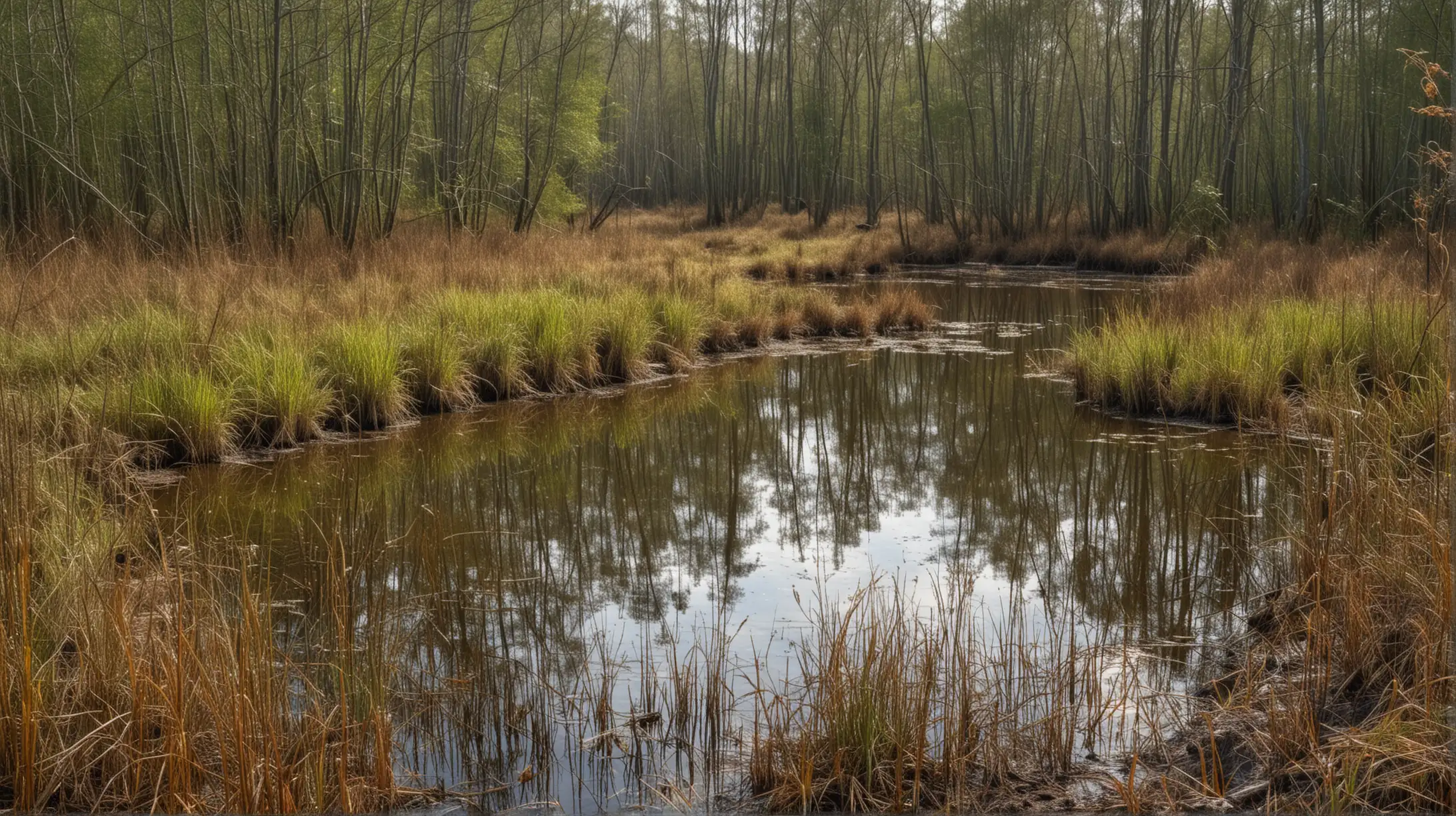 a small wild pond in an old forest, wet shore, reeds, some mud, sunny, bird's eye distant view, some forest trees are visible