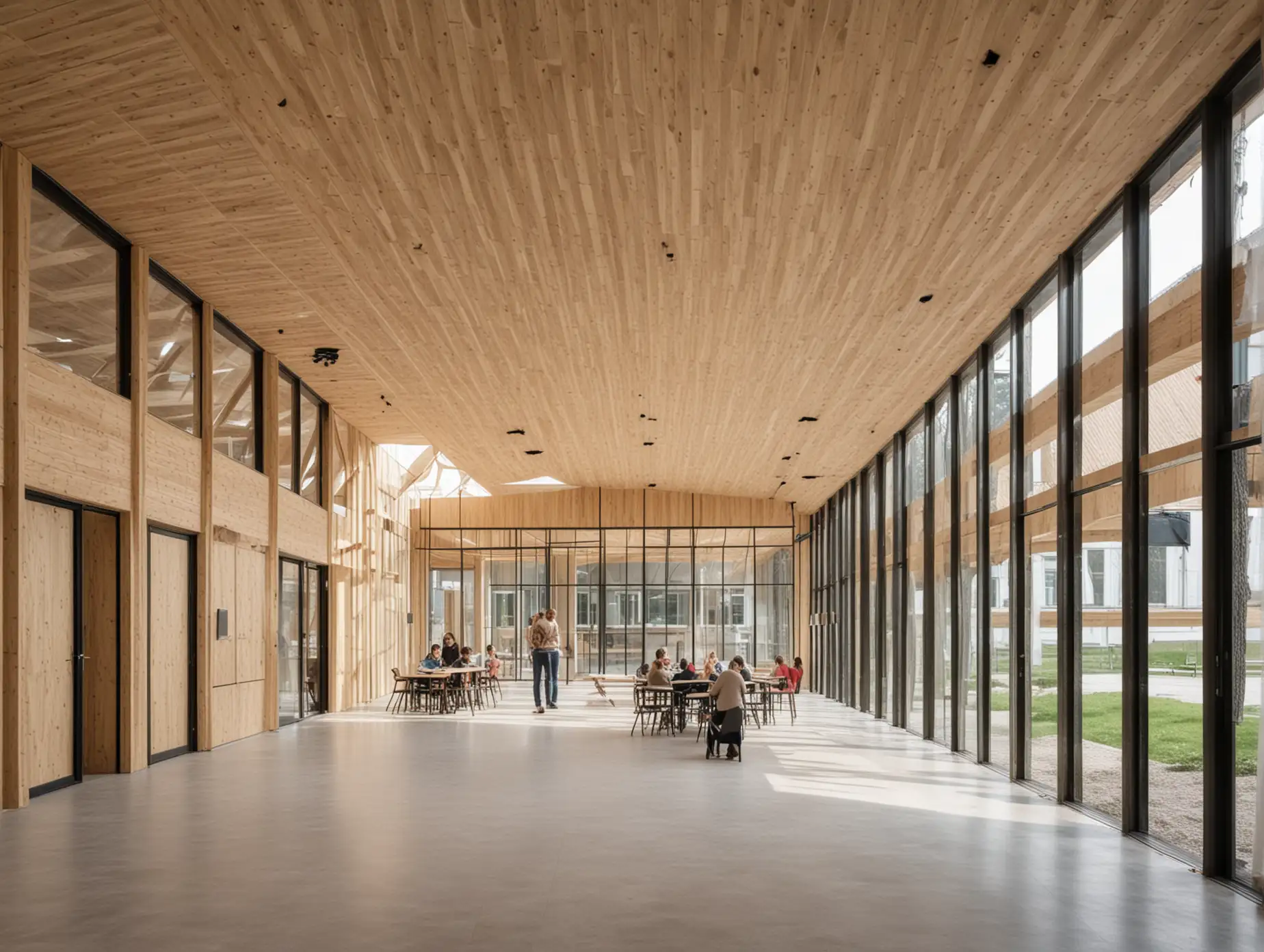 The large atrium runs through two classroom buildings of a timber structured school in ukrian. A large glass panel separates outside from inside


