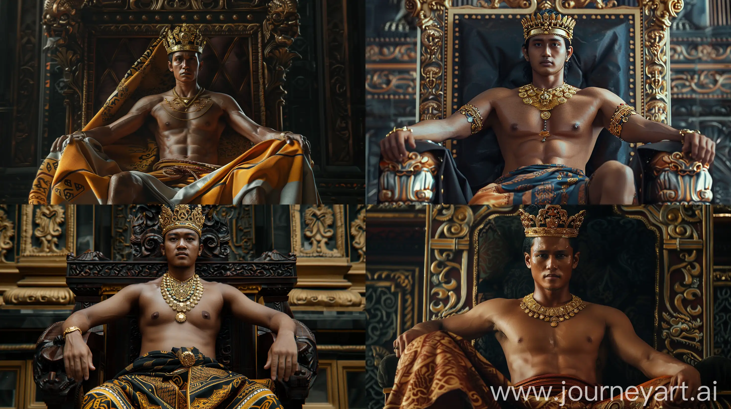 Prabu Siliwangi, without a shirt, wears a crown on his head, wears gold decorations around his neck, wears a typical Sundanese songket cloth, the cloth is wrapped around his waist and hangs down to his ankles. traditional royal sarong, sitting on the throne, super realistic, nice detail, --v 6 --ar 16:9