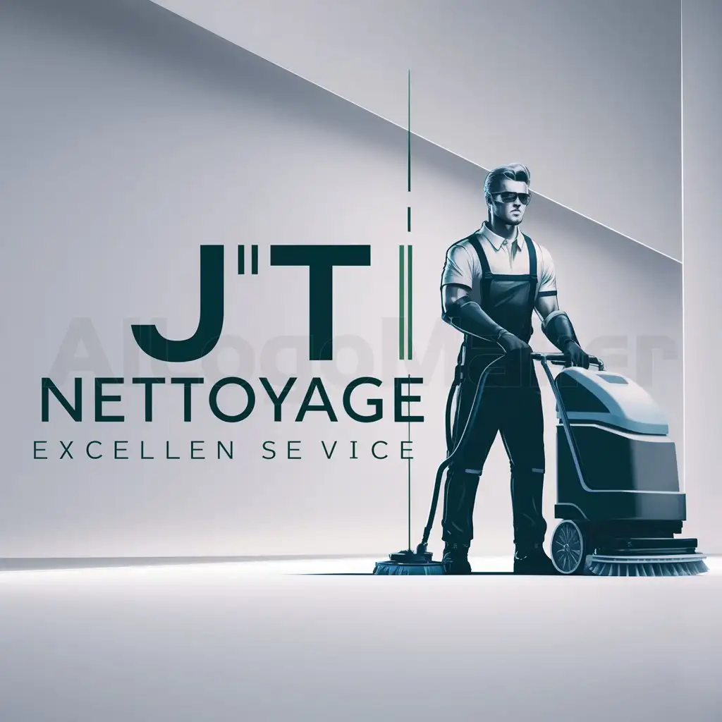 a logo design,with the text "JT nettoyage", main symbol:Handsome man who cleans with a machine,complex,clear background