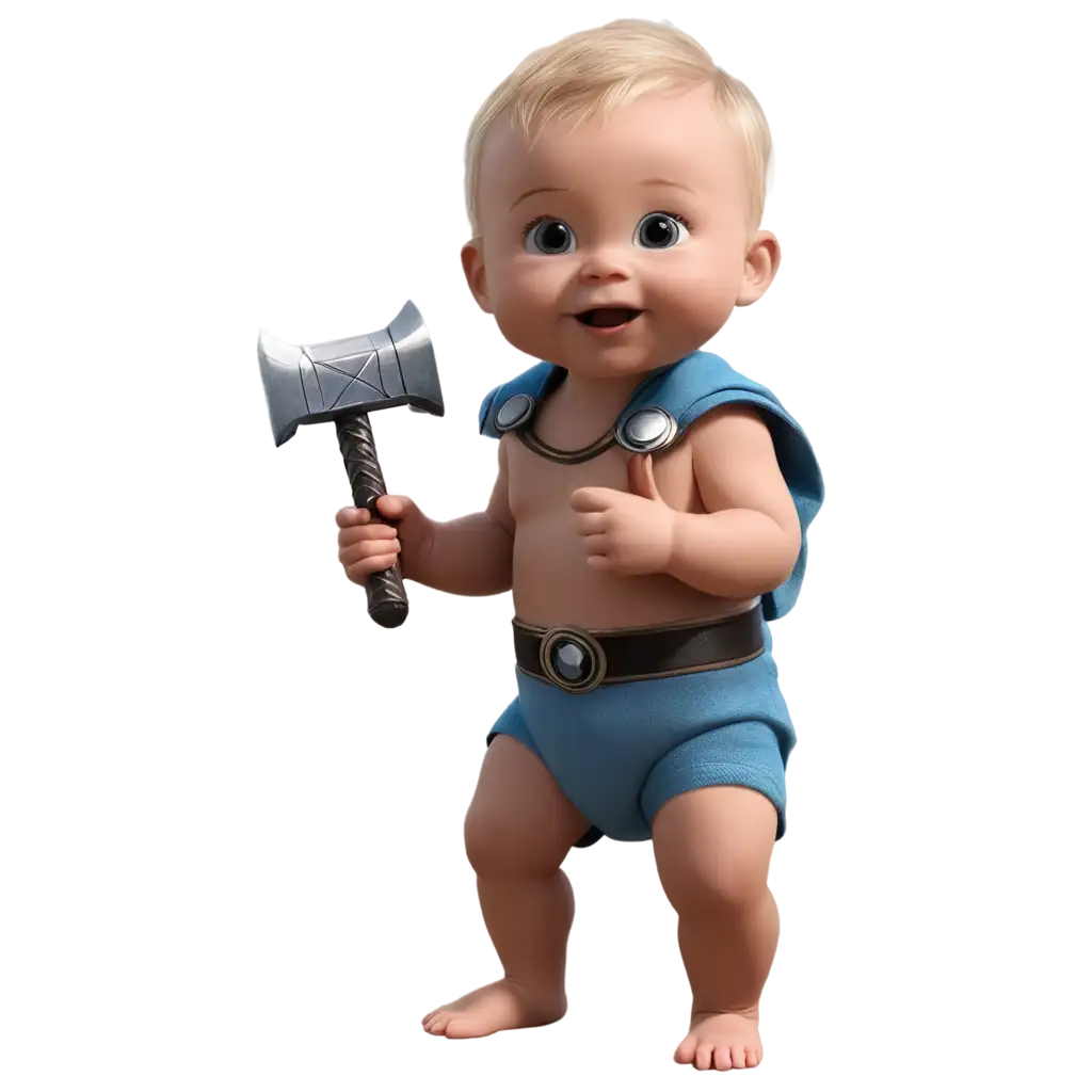 baby in pampers holding thor's hammer animated

