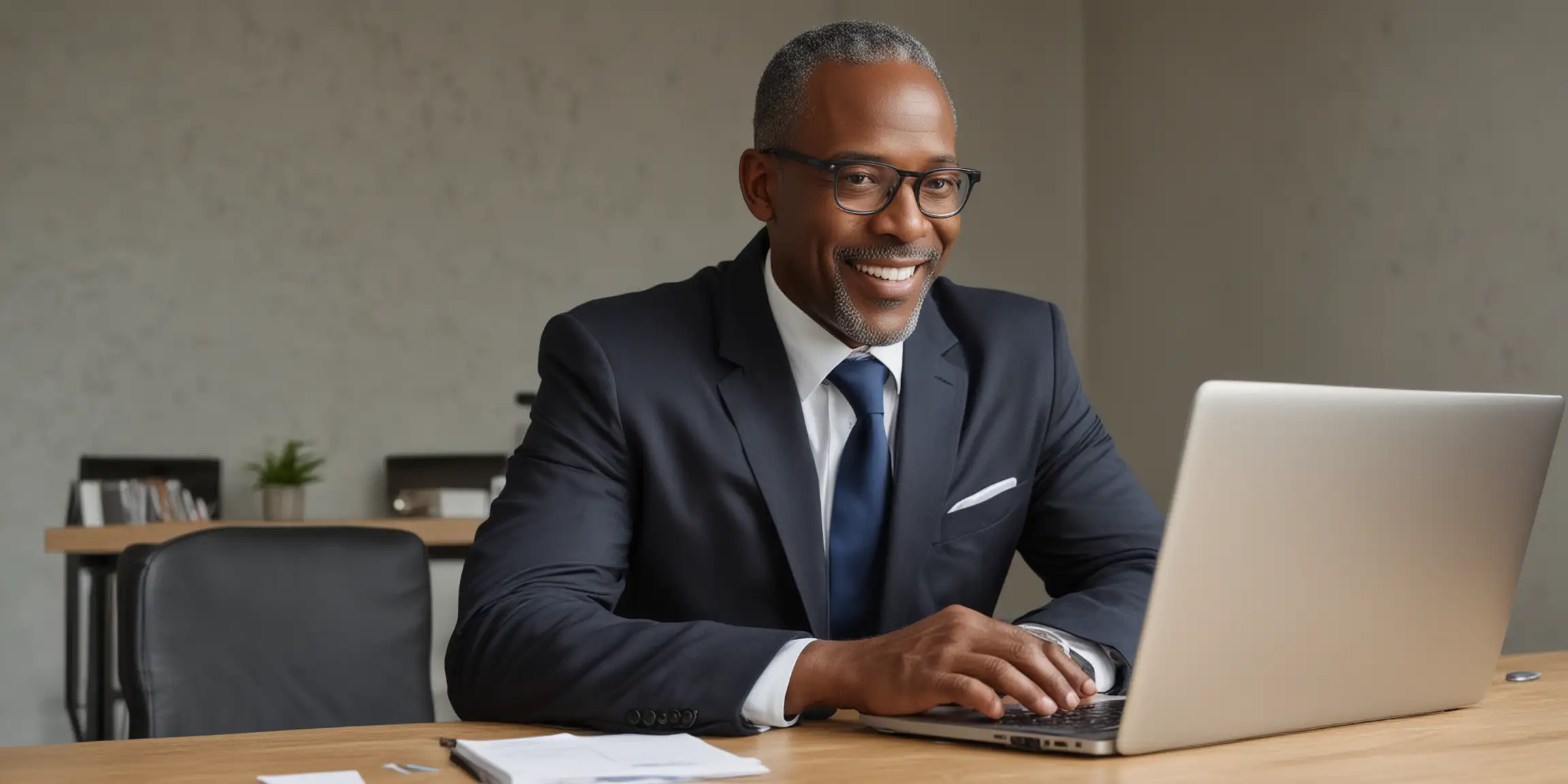 happy 55 year old professional black male in a suite working on a website and looking at the computer