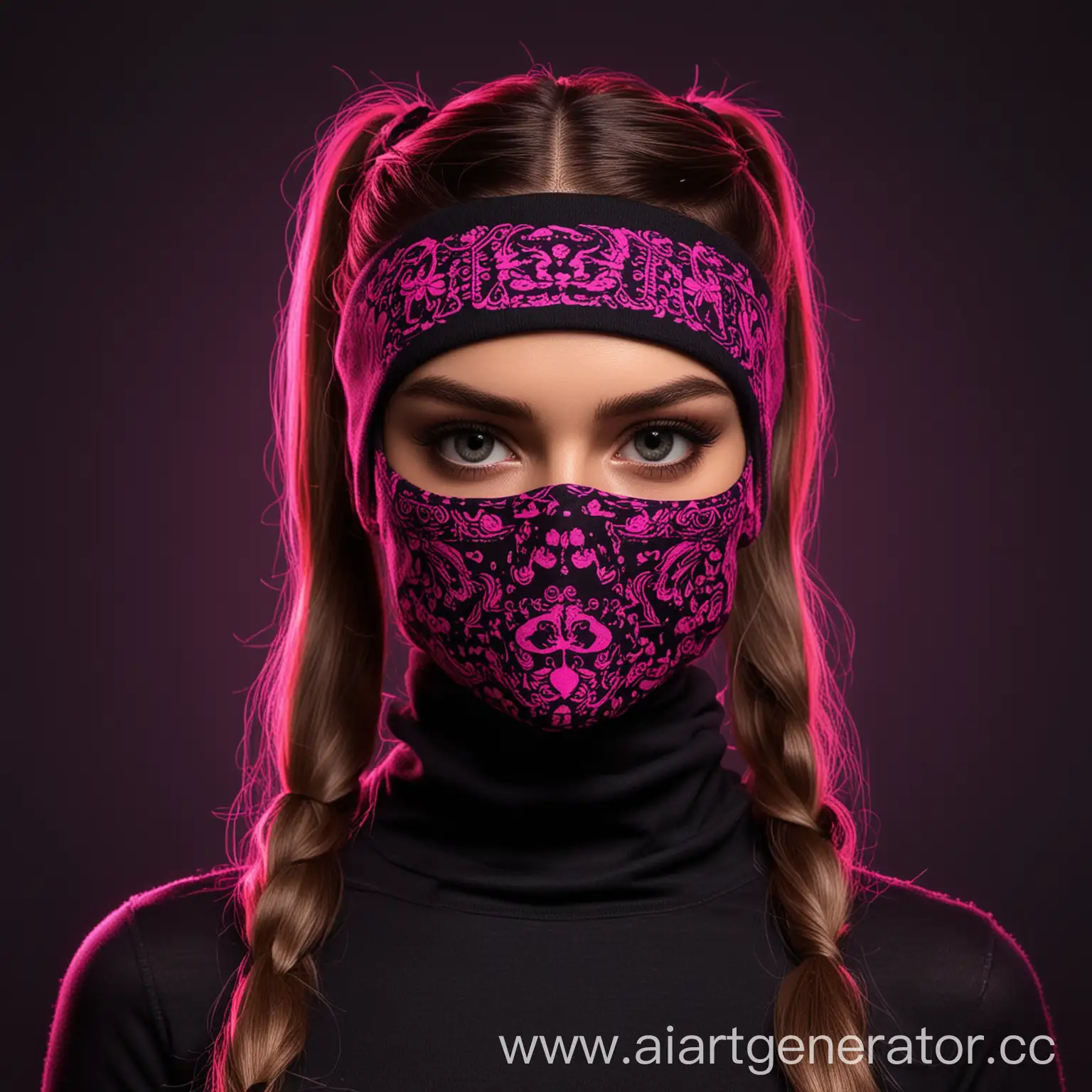 Neon-Pink-Balaclava-2D-Pattern-on-Black-Background-with-DisneyInspired-Ponytails