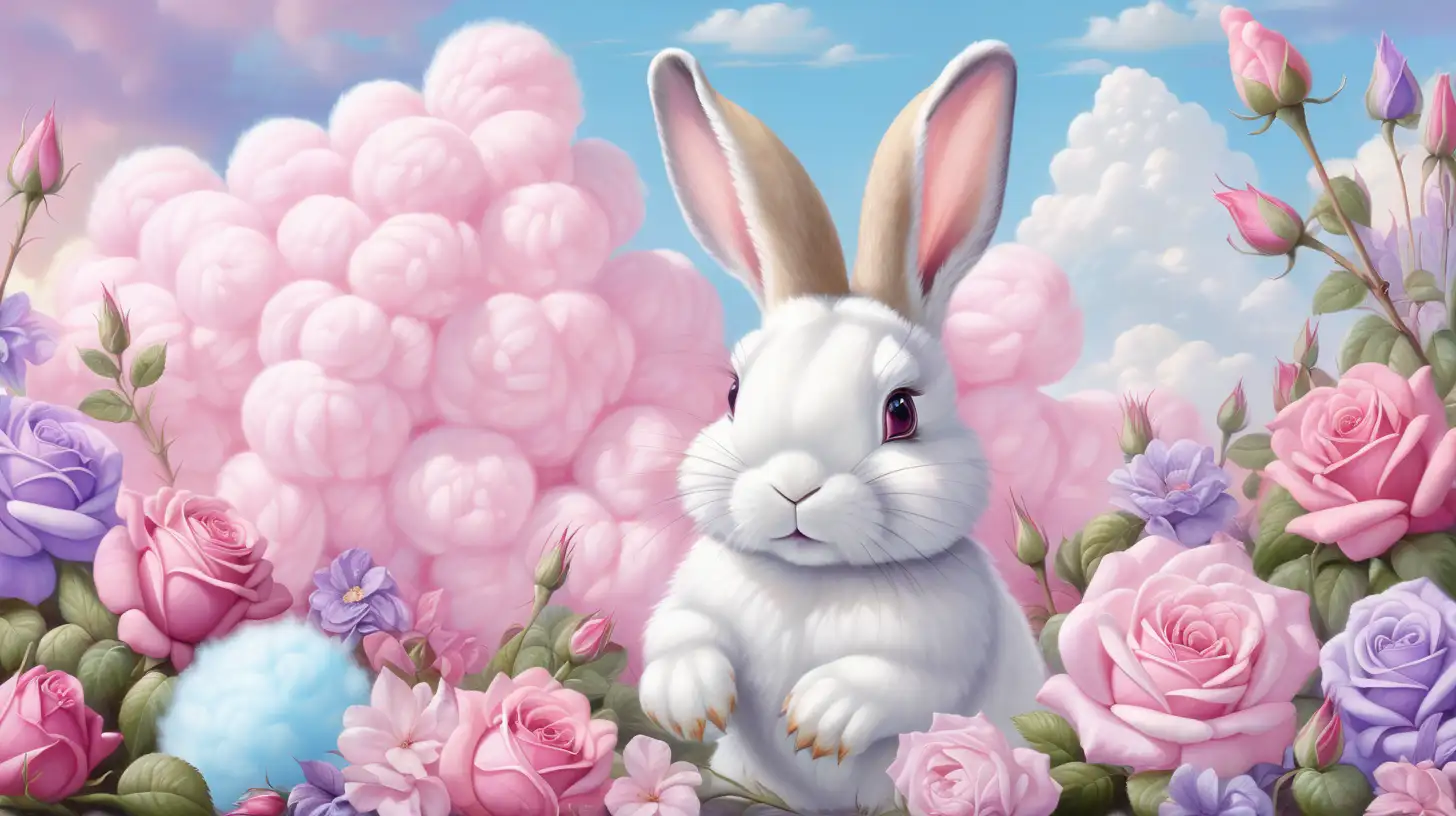 Romantic Oil Painting of Pink and Purple Roses with Cotton Candy Clouds and a Bunny amidst Flowers