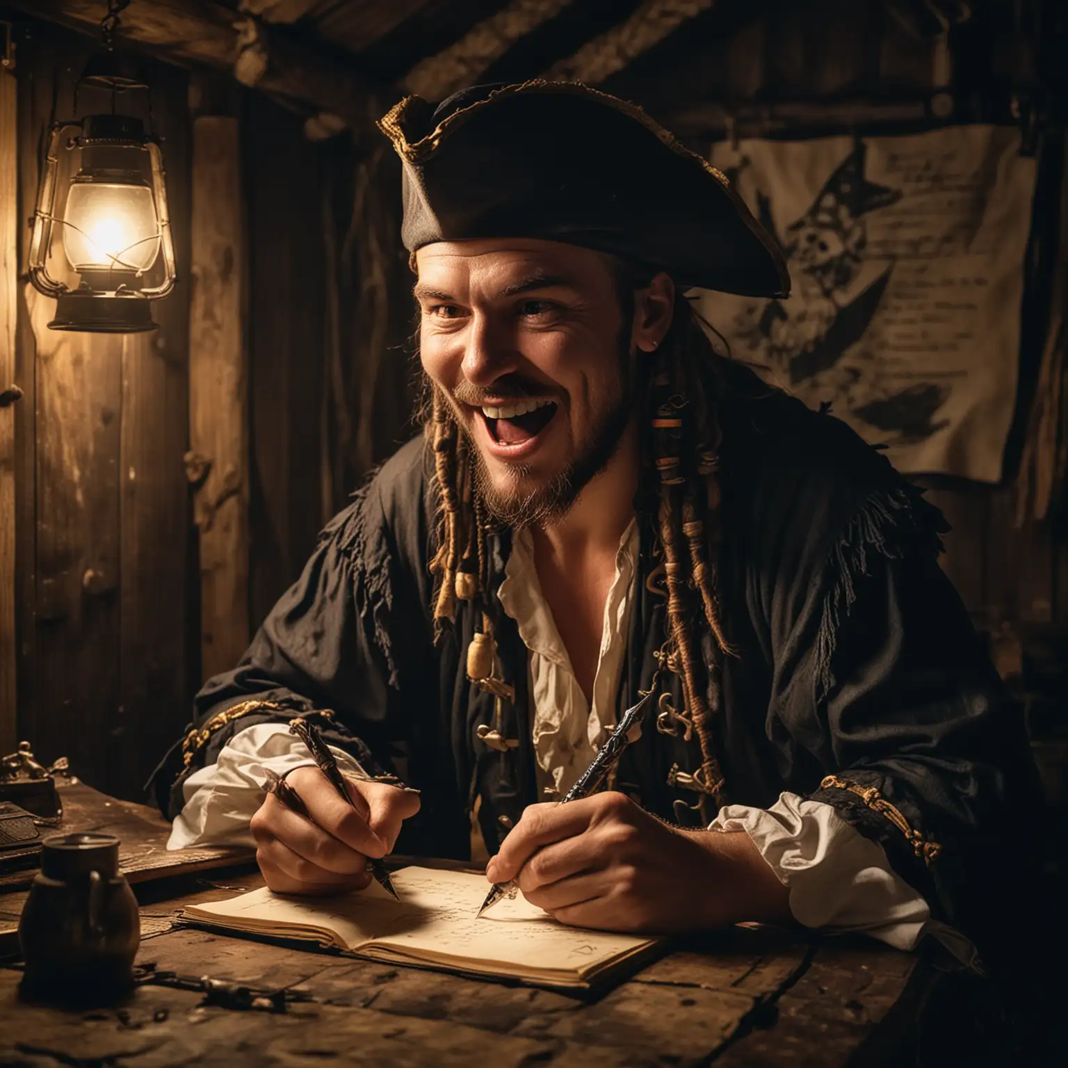Ein Pirat sitzt in der Kajüte und schreibt mit einer Feder etwas ins Lockbuch. Dunkel. Laterne. Der Pirat lacht sehr laut. Der Pirat schreibt mit Federkiel. Der Pirat schaut zur Kamera und lacht mit offenem Mund.