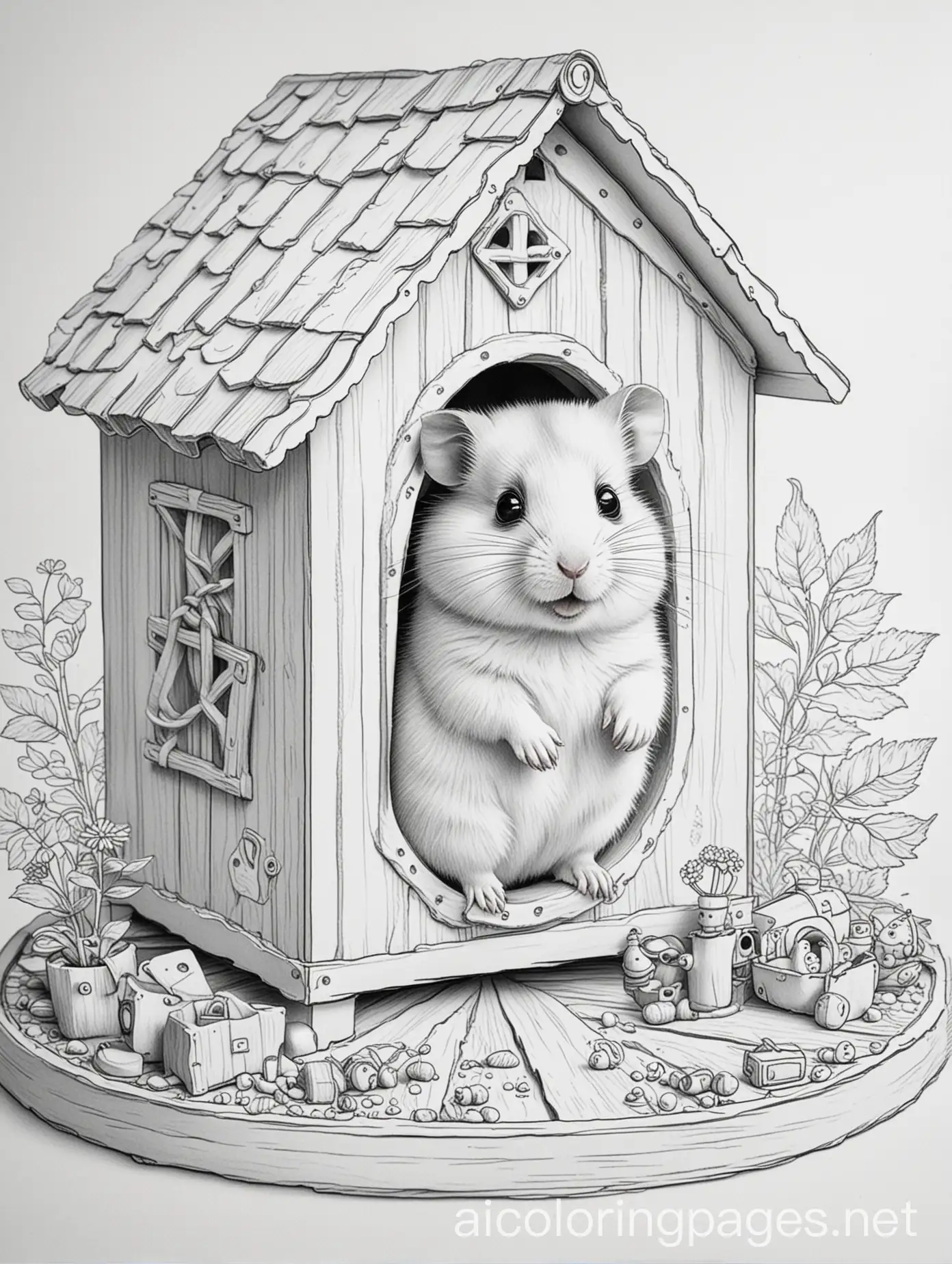 Cute hamster running on a wheel in a cozy little house with tiny furniture and toys scene, Coloring Page, black and white, line art, plain white background, Simplicity, Ample White Space. The background of the coloring page is plain white to make it easy for young children to color within the lines. The outlines of all the subjects are easy to distinguish, making it simple for kids to color without too much difficulty, Coloring Page, black and white, line art, white background, Simplicity, Ample White Space. The background of the coloring page is plain white to make it easy for young children to color within the lines. The outlines of all the subjects are easy to distinguish, making it simple for kids to color without too much difficulty