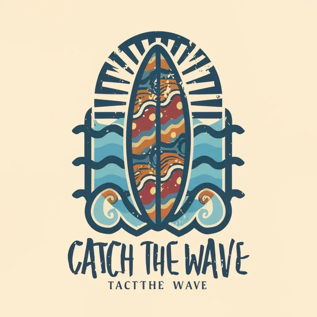 LOGO-Design-For-Catch-the-Wave-Bold-Surfboard-Illustration-with-Coastal-Elements-and-Retro-Patterns