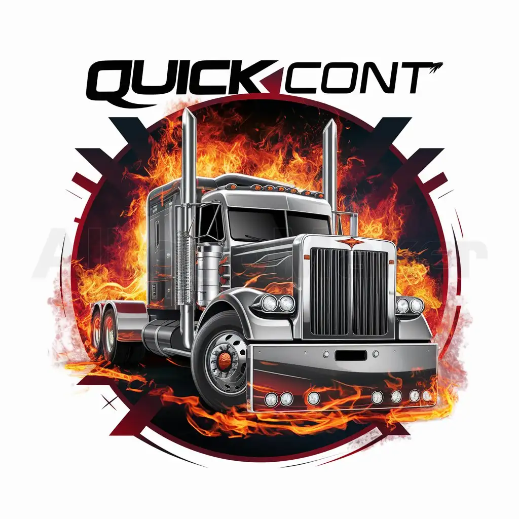 a logo design,with the text "QUICK CONT", main symbol:symbol: front view of a large truck with high chromed exhaust pipes and a powerful radiator grille, which are highlighted by bright orange and red flames, surrounded by artistic fire effects. The headlights and other parts of the truck are also illuminated by fire elements, giving it an aggressive and dynamic look. The composition is done in dark tones with prevalence of superimposed fire effects, creating an impression of power and speed. color palette of the background: bright red colors,complex,clear background