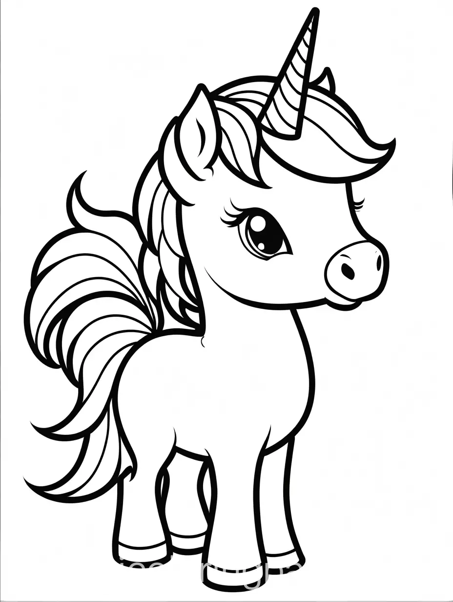 a chibi unicorn , Coloring Page, black and white, line art, white background, Simplicity, Ample White Space. The background of the coloring page is plain white to make it easy for young children to color within the lines. The outlines of all the subjects are easy to distinguish, making it simple for kids to color without too much difficulty, Coloring Page, black and white, line art, white background, Simplicity, Ample White Space. The background of the coloring page is plain white to make it easy for young children to color within the lines. The outlines of all the subjects are easy to distinguish, making it simple for kids to color without too much difficulty