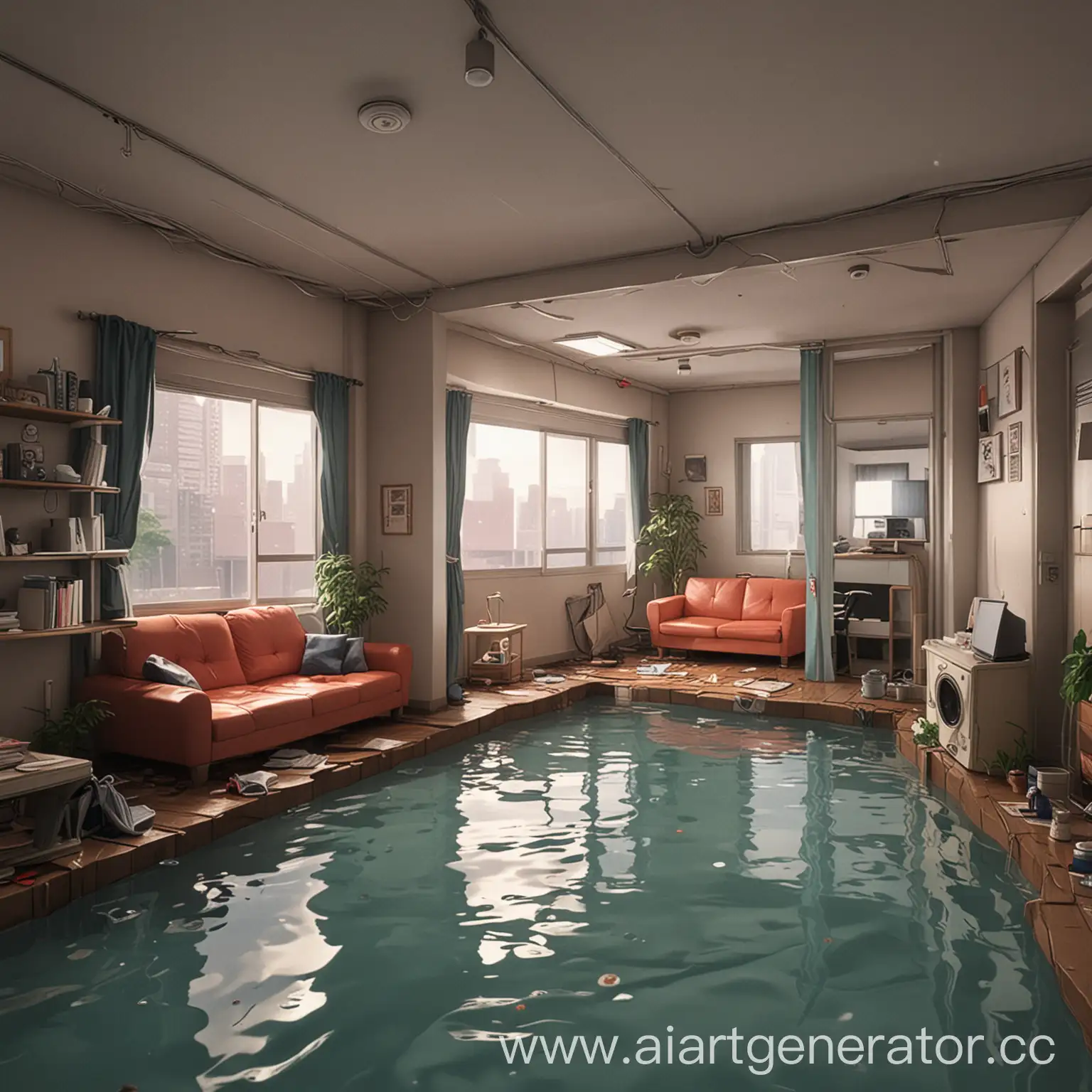 AnimeStyle-Flooded-Apartment-Surreal-Scene-of-Deluge-Amidst-Urban-Living