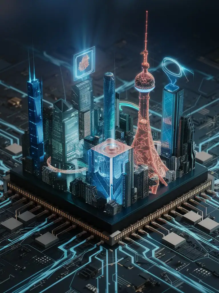 A virtual city model grown from a chip, featuring blue science fiction effects, technology lines and lighting effects, network effects composed of technology links and nodes, deep blue themes, Sichuan Tower in China, science fiction, holograms, bird's-eye view