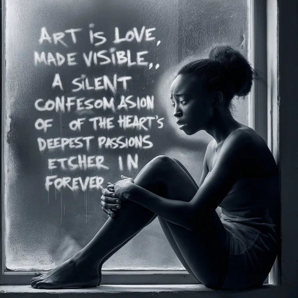 "Art is love made visible, a silent confession of the heart's deepest passions etched forever in" make it with a deep meaning
make it sad with a black women sitting and looking at the winder
