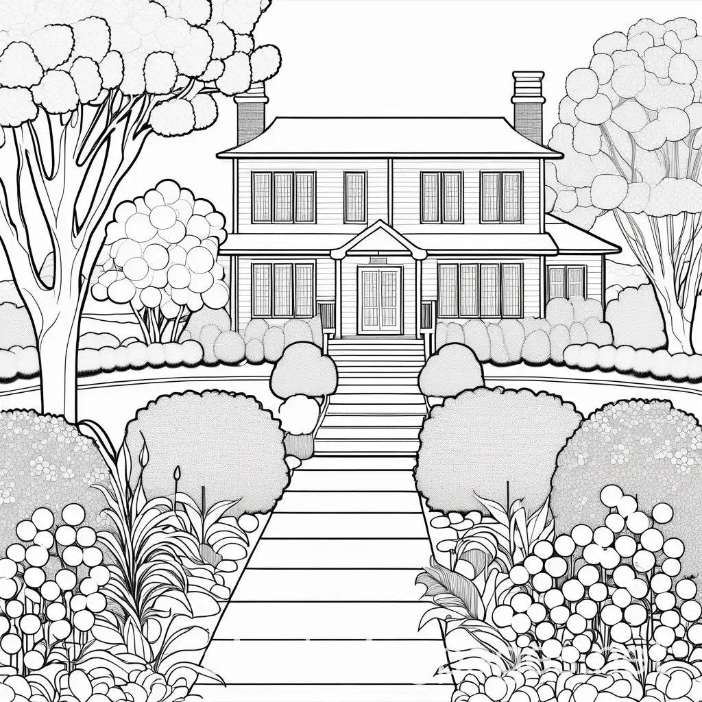 a school black and white in with a beautiful garden and a lot of flowers for coloring book, Coloring Page, black and white, line art, white background, Simplicity, Ample White Space