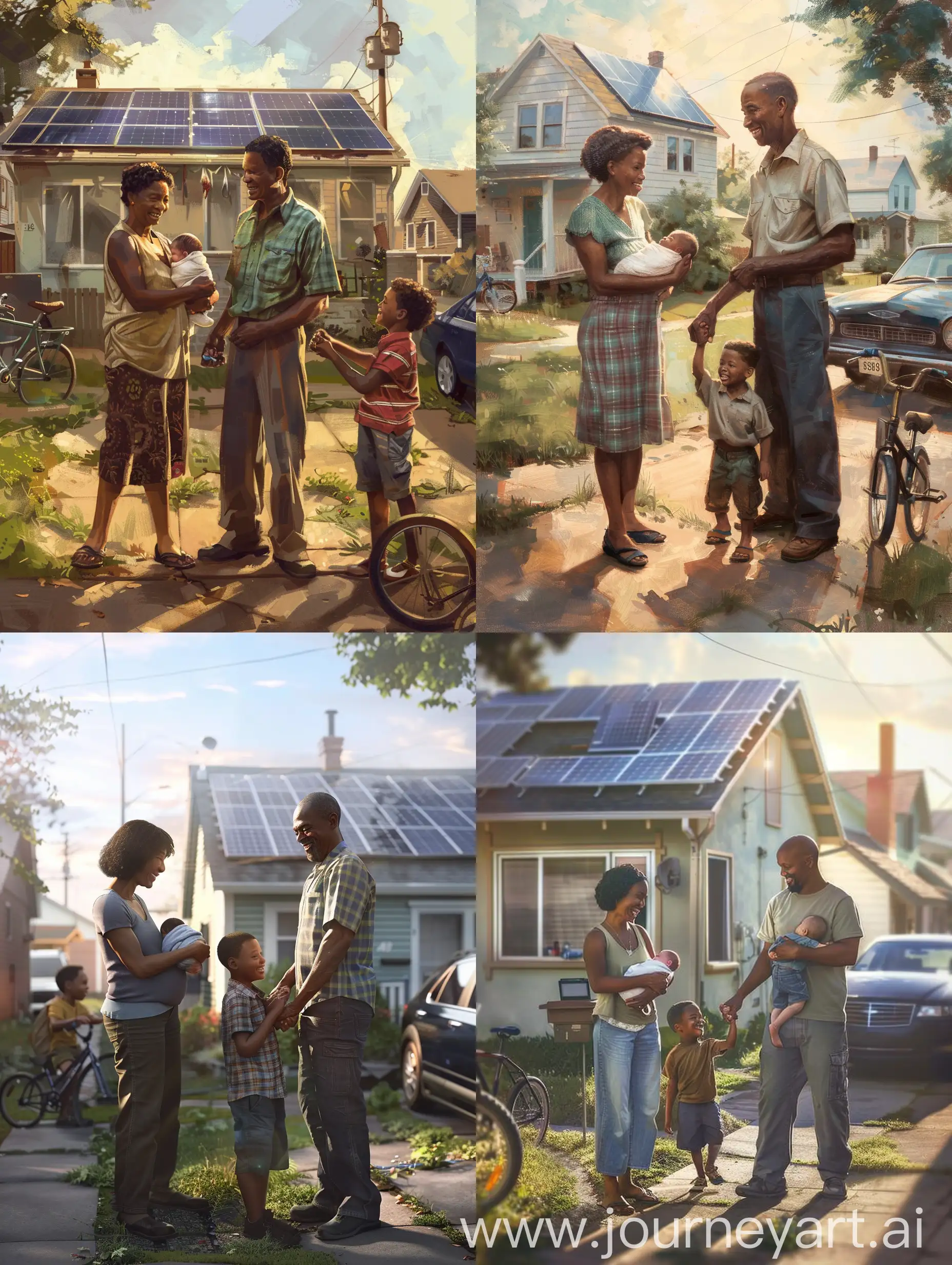 Modern realism style, wide-angle view of a happy African American family outside a small suburban home with solar panels on the roof. The mother, 42, is holding a baby a few months old. The father, 53, is holding the hand of their 8-year-old son. It's midday with bright sunlight shining down on the scene. The family is dressed in casual clothing. The yard features a bike and a dark blue sedan. Other houses are faded in the background. --s 0 --v 6.0 --style raw