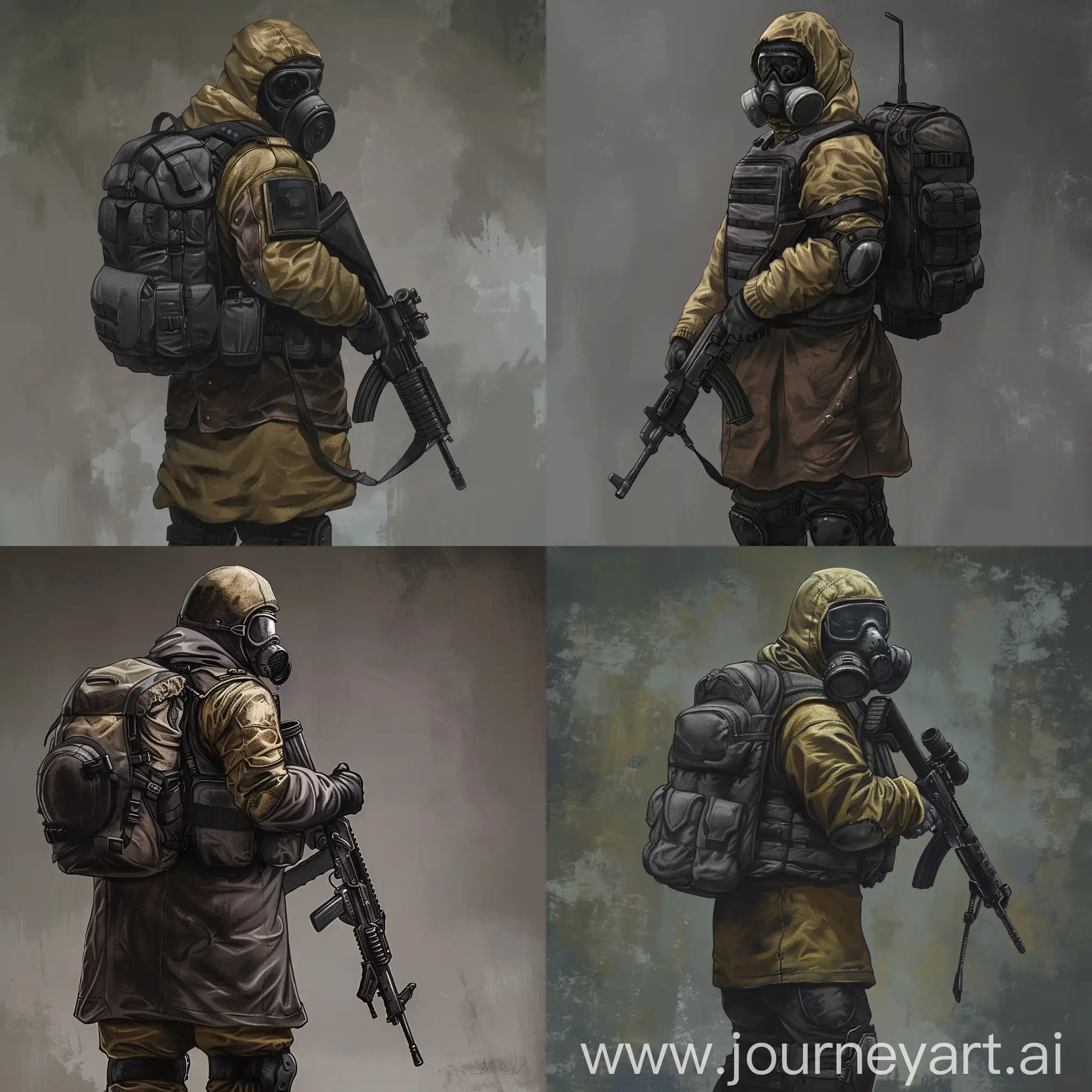 Digital  concept art a stalker from the universe of S.T.A.L.K.E.R., dressed in a dark brown military raincoat, gray military armor on his body, a gasmask on his face, a military backpack on his back, a rifle in his hands.