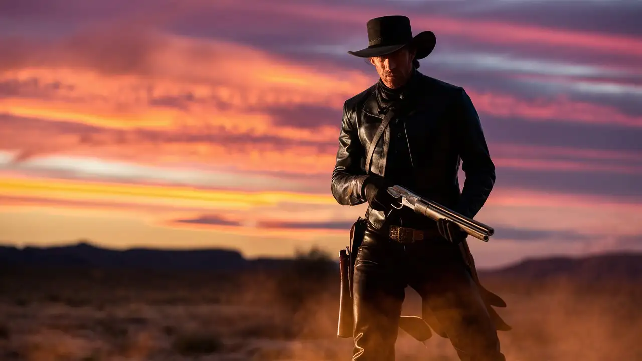 An Old West gunfighter in the midground at sunset, wearing black leather, holding a shotgun, staring at the camera. Vivid colors, cinematic lighting.