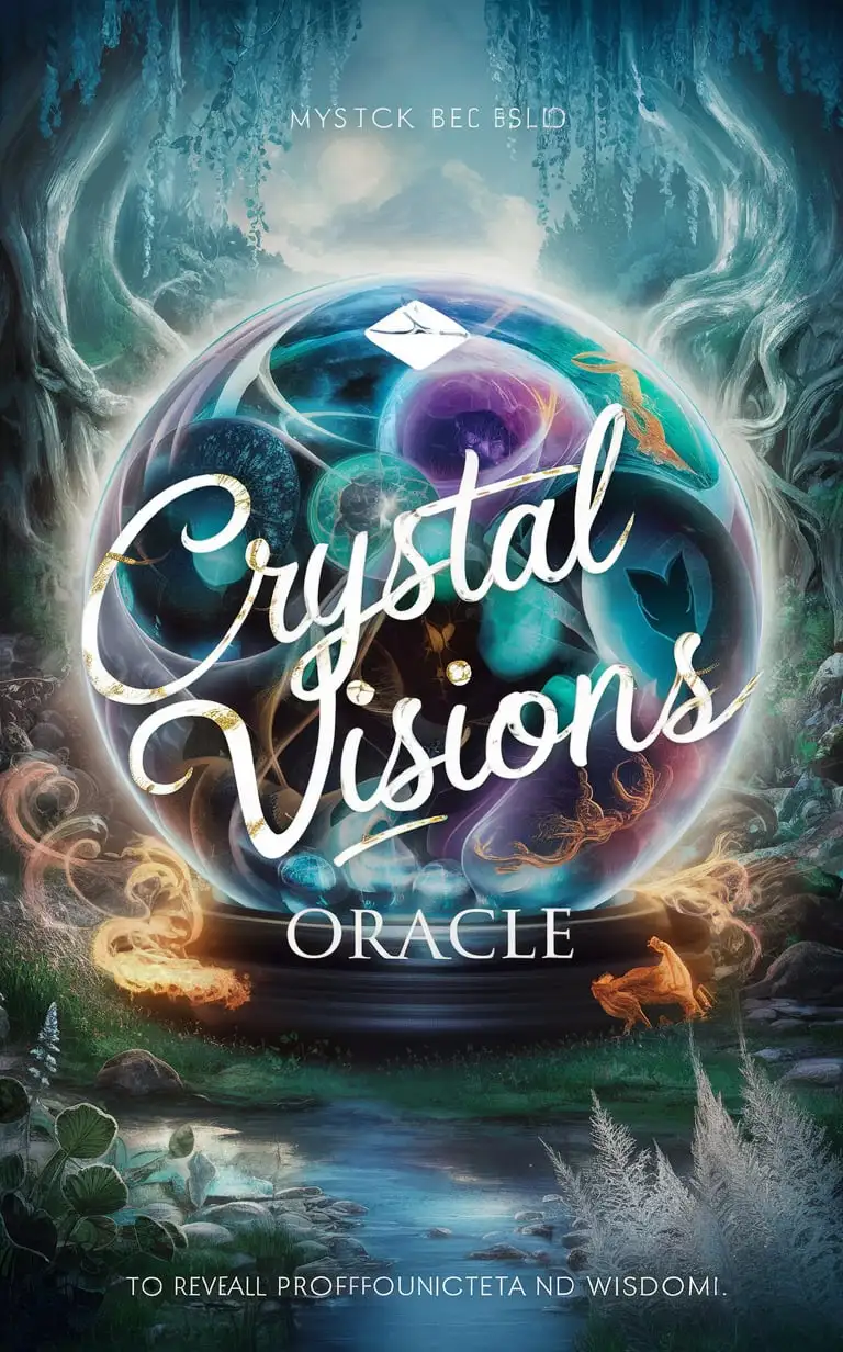 CRYSTAL VISIONS ORACLE IN TYPOGRAPHY WITH A PRETTY MYSTICAL BACKGROUND AND A CRYSTAL BALL 

AS A ORACLE DECK COVER IMAGE.