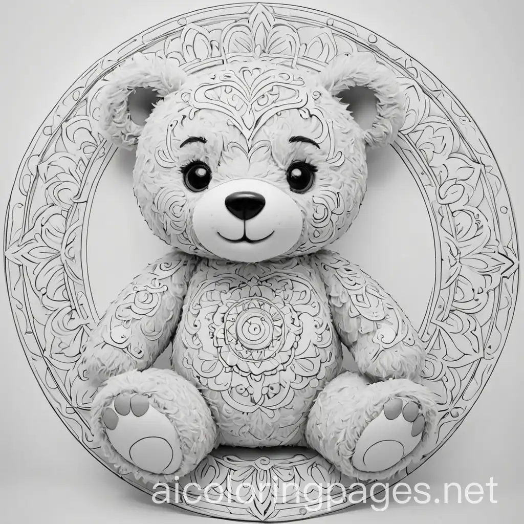 Mandala Teddy Bear, Coloring Page, black and white, line art, white background, Simplicity, Ample White Space. The background of the coloring page is plain white to make it easy for young children to color within the lines. The outlines of all the subjects are easy to distinguish, making it simple for kids to color without too much difficulty