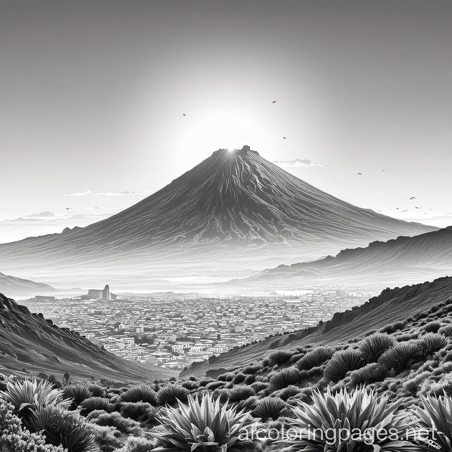 dawn of canaries that can see the Teide of Tenerife, Coloring Page, black and white, line art, white background, Simplicity, Ample White Space