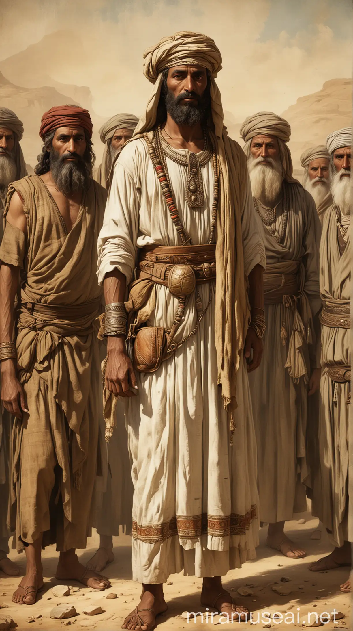 Illustration of Jimnah the 17th Century BC Figure Amidst a Clan in Ancient Israelite Attire