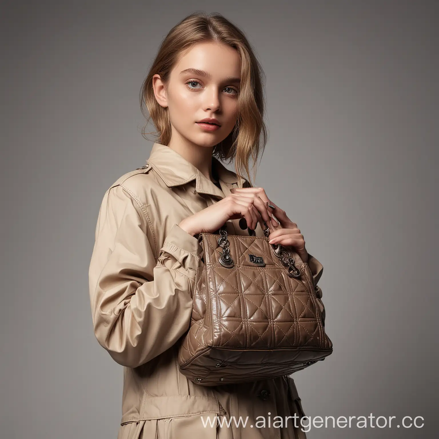 photoshoot of a girl with a bag in her hands at a photo studio for a premium bag brand, similar to DIOR