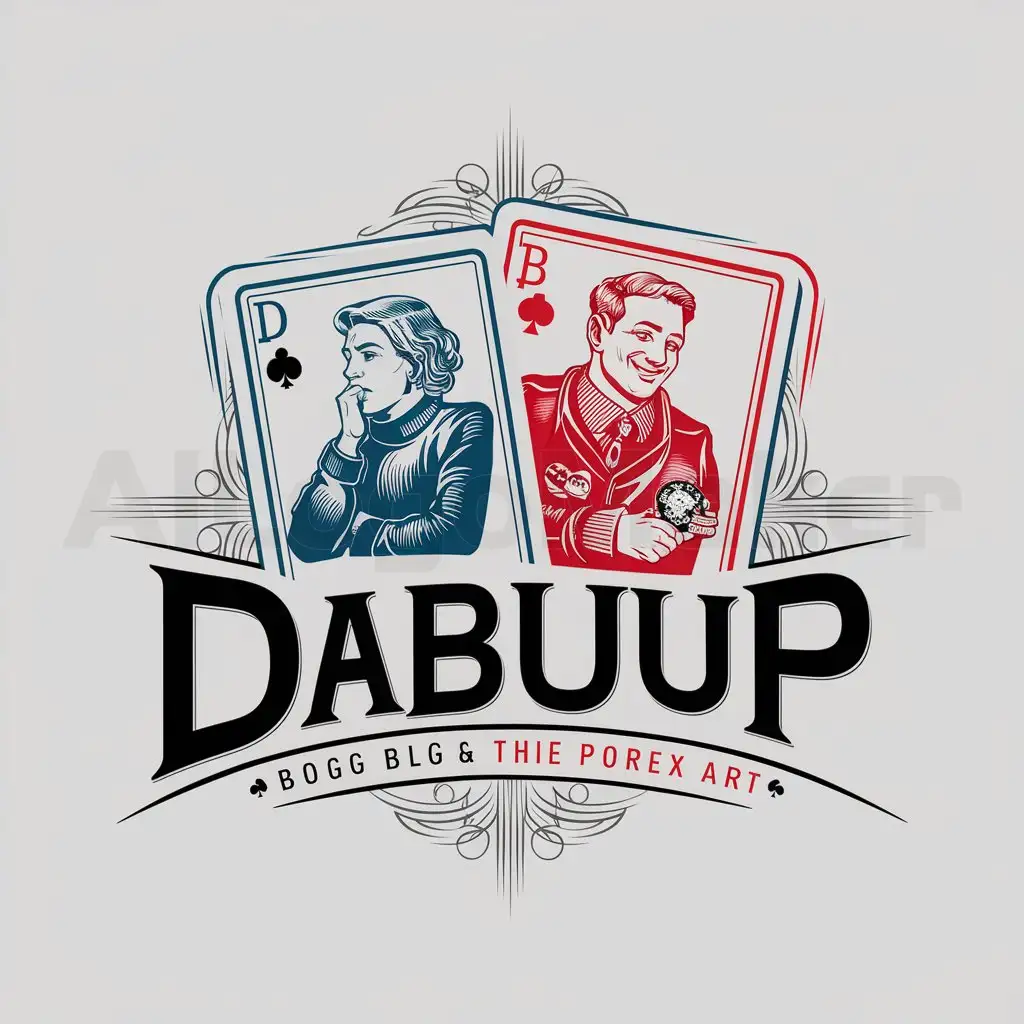a logo design,with the text "DABUUP", main symbol:Create a logo consisting of two playing cards. The first card - with letter D, made in blue color with image of Neznayka, also in blue tint, in classic pose of contemplation. The second card - with letter B, in red color with image of Neznayka in red tint, smiling and holding a chip in his hand. Both cards should be stylized with modern accent, but keep classical features of playing cards. Add thin ornaments or elements, associated with poker and blog 'The Poker Art'.,complex,clear background