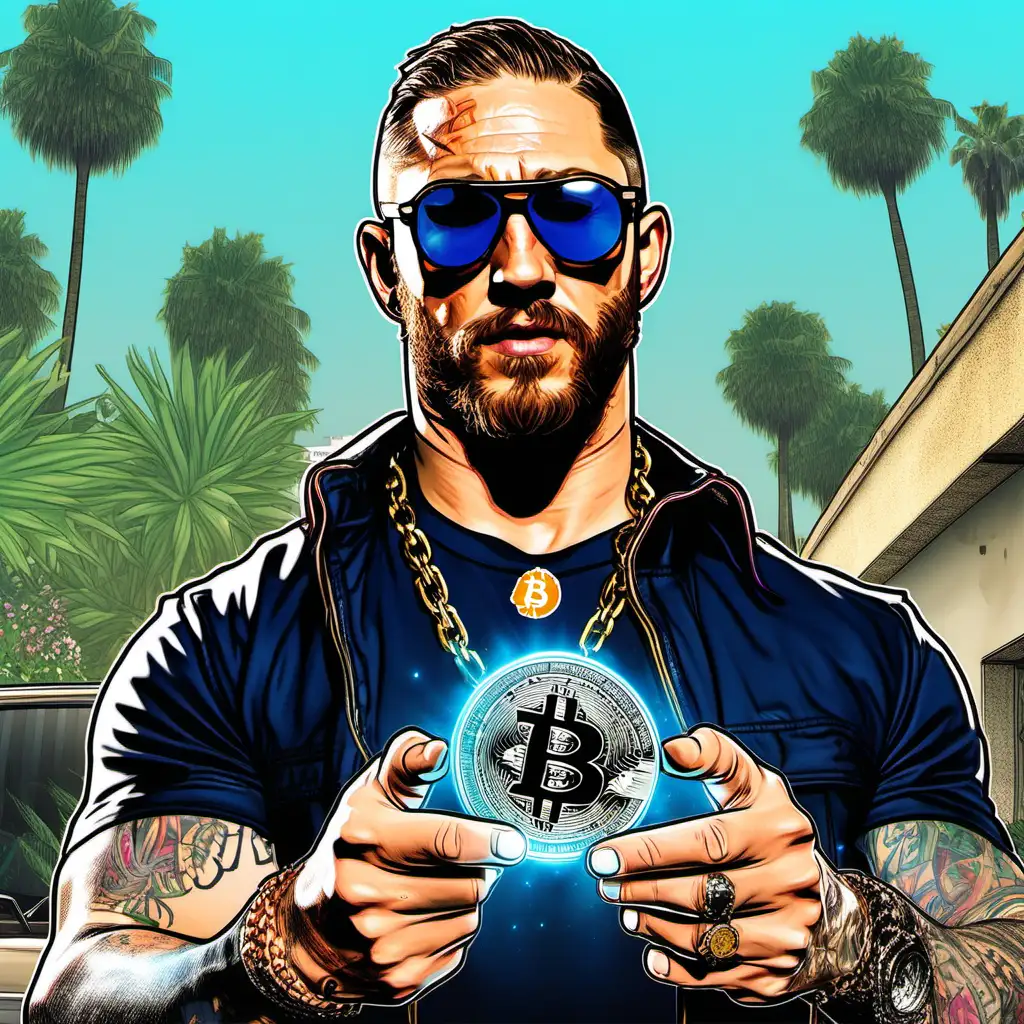 Tom Hardy Holding Bitcoin Gem with Blue Aura and Sunglasses GTA 5 Style Artwork