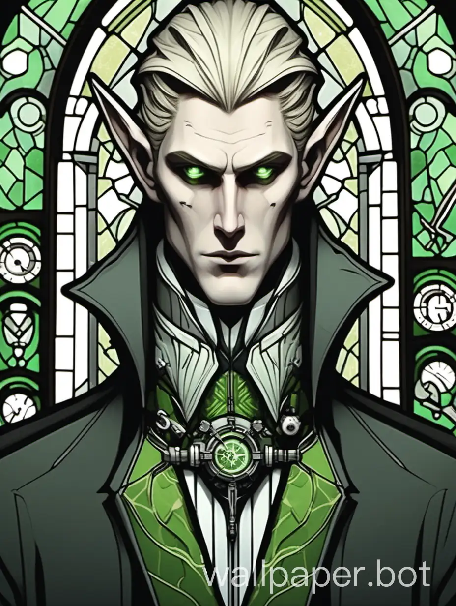 handsome vampire man, tall, slender, androgynous, ash blond hair, hair length down to chin jaw, elf-like, cyberpunk, sadist, pale green grey eyes, half-closed eyes, defined under eyes, angular arched high eyebrows, high browbone, sleek cheekbones, pale skin, pale lips, long angular face, pronounced frontal process of maxilla, mechanist, mechanic, inventor, artificer, pointed ears, smooth chin, long sharp straight nose, flat chest, young adult, modern, grunge, charming, oil or stained glass
