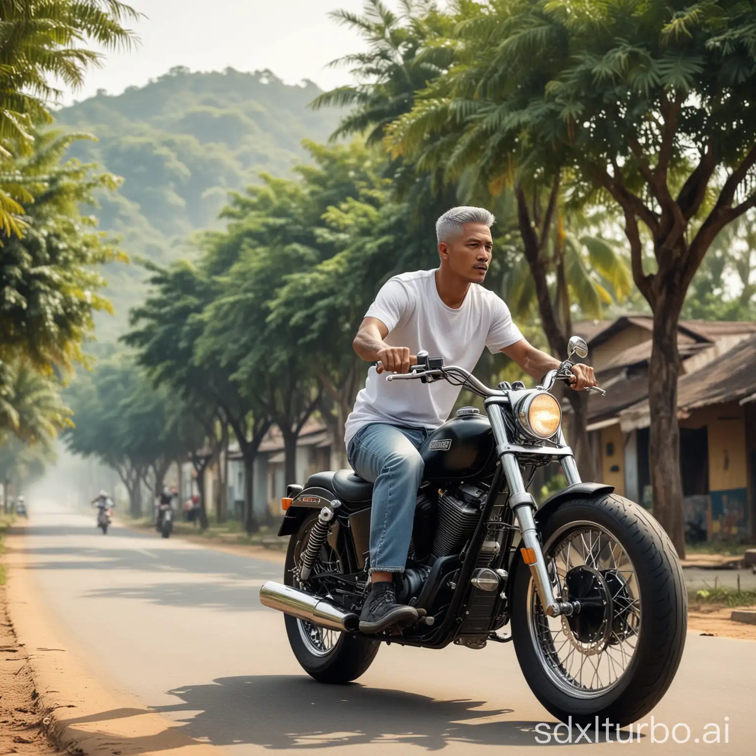 Indonesian man Short gray hair  wearing a white t-shirt, jeans, Nike shoes, riding a Harley Davidson Chopper motorbike, background on a village road, sandy land, trees, realistic, photography, Ultra HD, 8k.