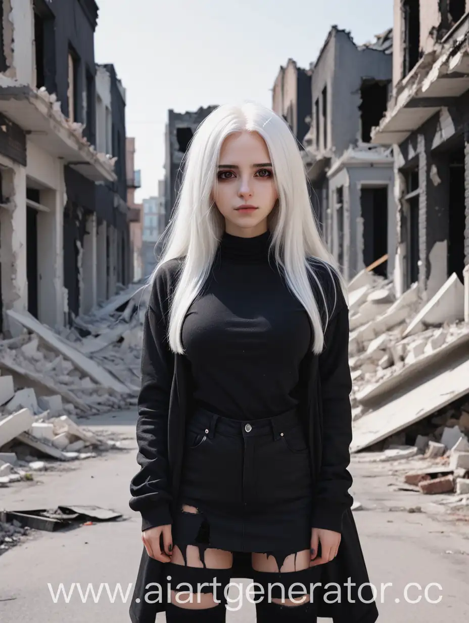 Beautiful-Girl-with-White-Hair-in-Black-Clothes-Standing-in-Ruined-Street